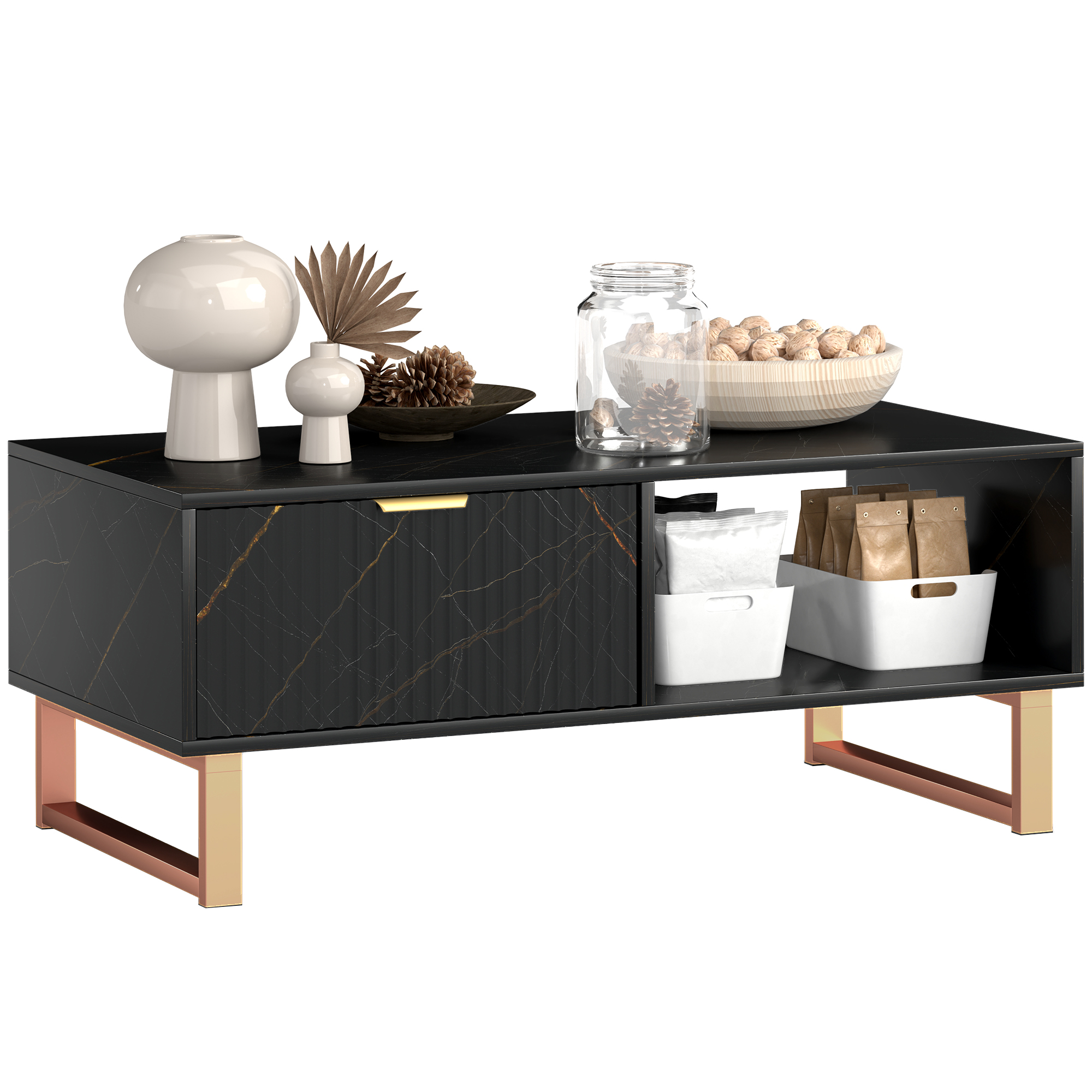 HERON Elegant Marble Effect Storage Coffee Table - Black - Life Essentials