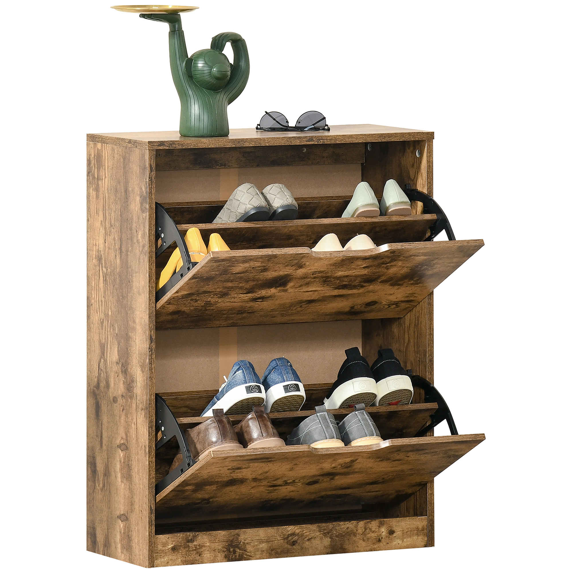 2 Drawer Shoe Cabinet Industrial Shoe Cupboard Hallway Wooden Storage Organiser with Flip Doors Adjustable Shelf for 12 Pairs Rustic Brown - Life 