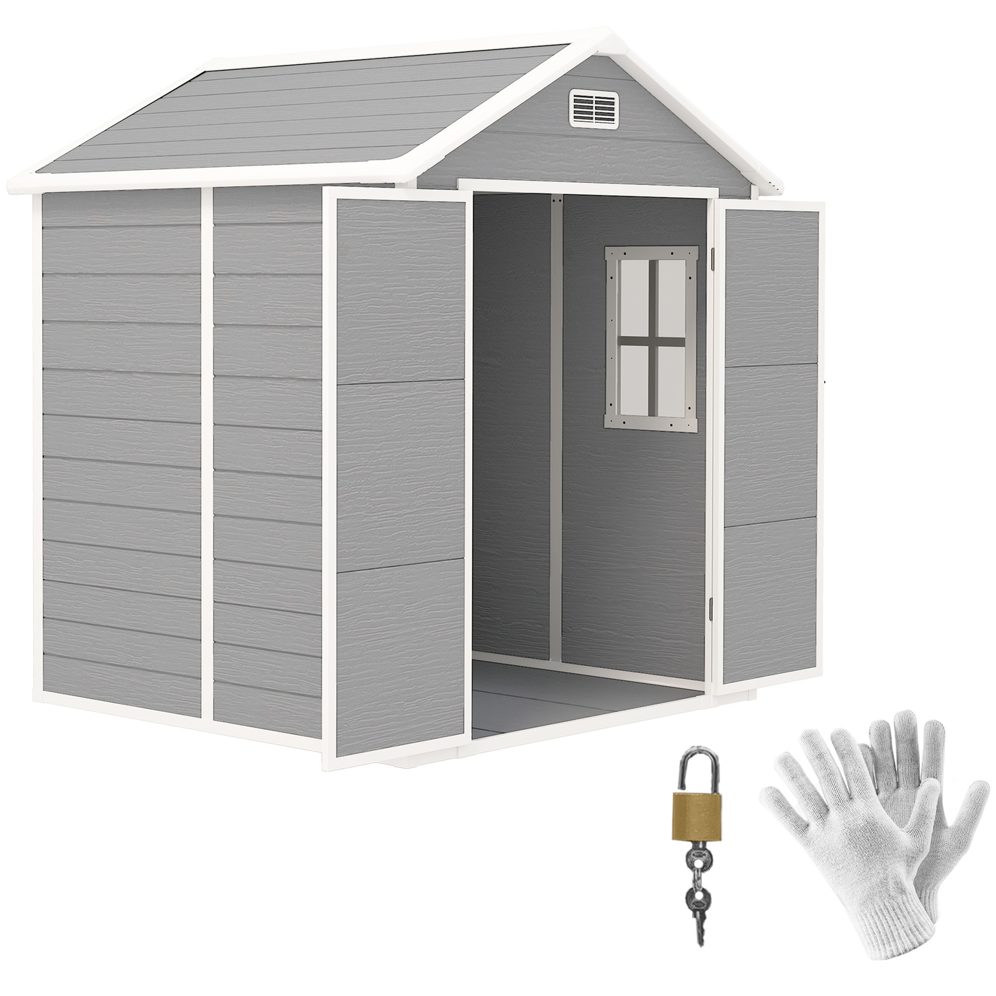 SUNVISTA 6 x 5ft Garden Shed, Plastic Shed with Floor, Window, Lockable Doors and Vents, Wood Effect Resin Tool Shed for Outdoor Patio, Dark Grey - 
