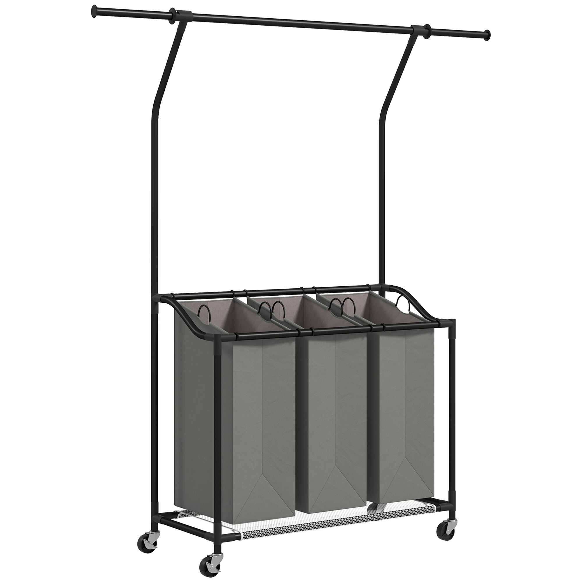 HERON 3x 42L Laundry Basket Unit, with Hanging Rail - Black/Grey - Life Essentials