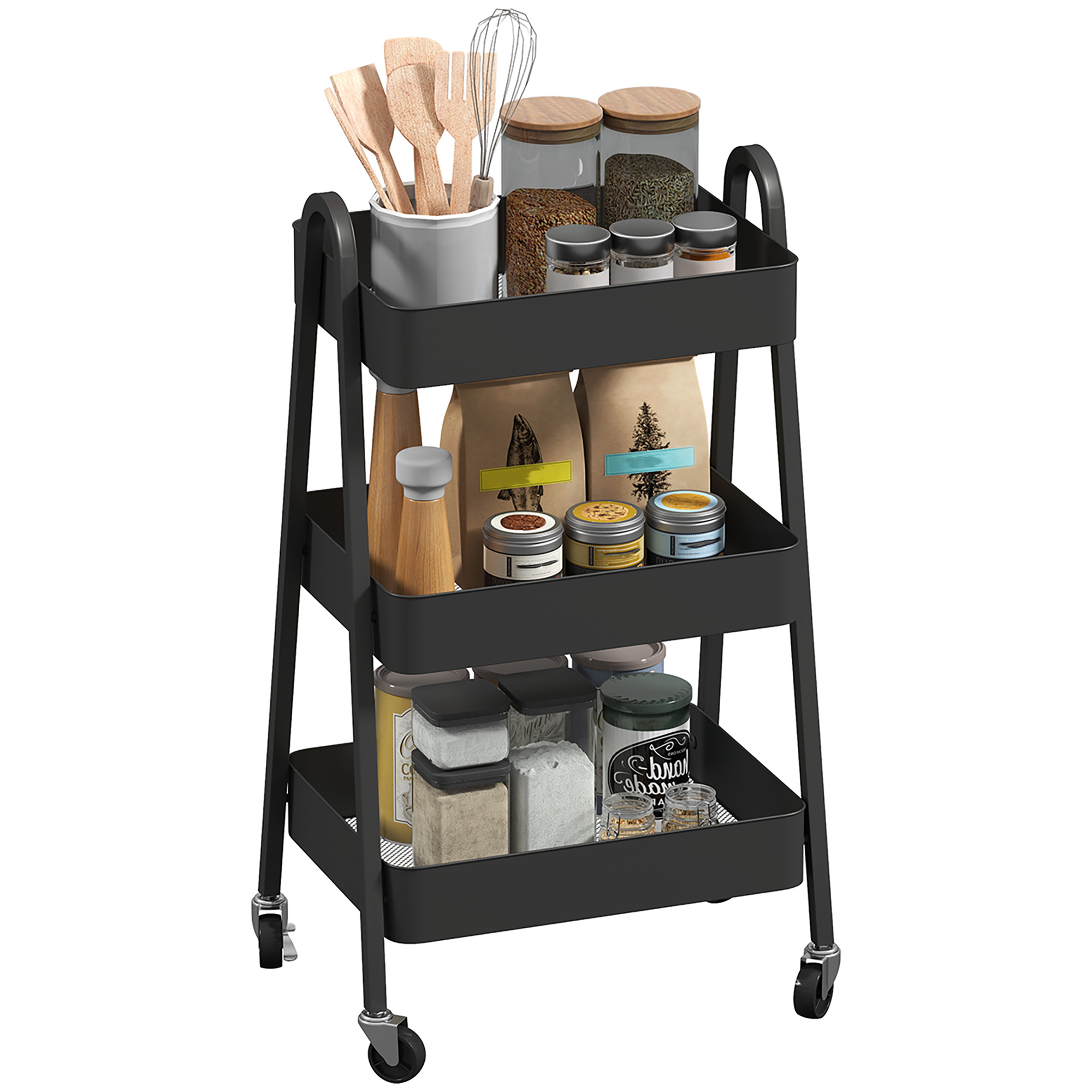 HERON Three-Tier Storage Trolley - Black - Life Essentials