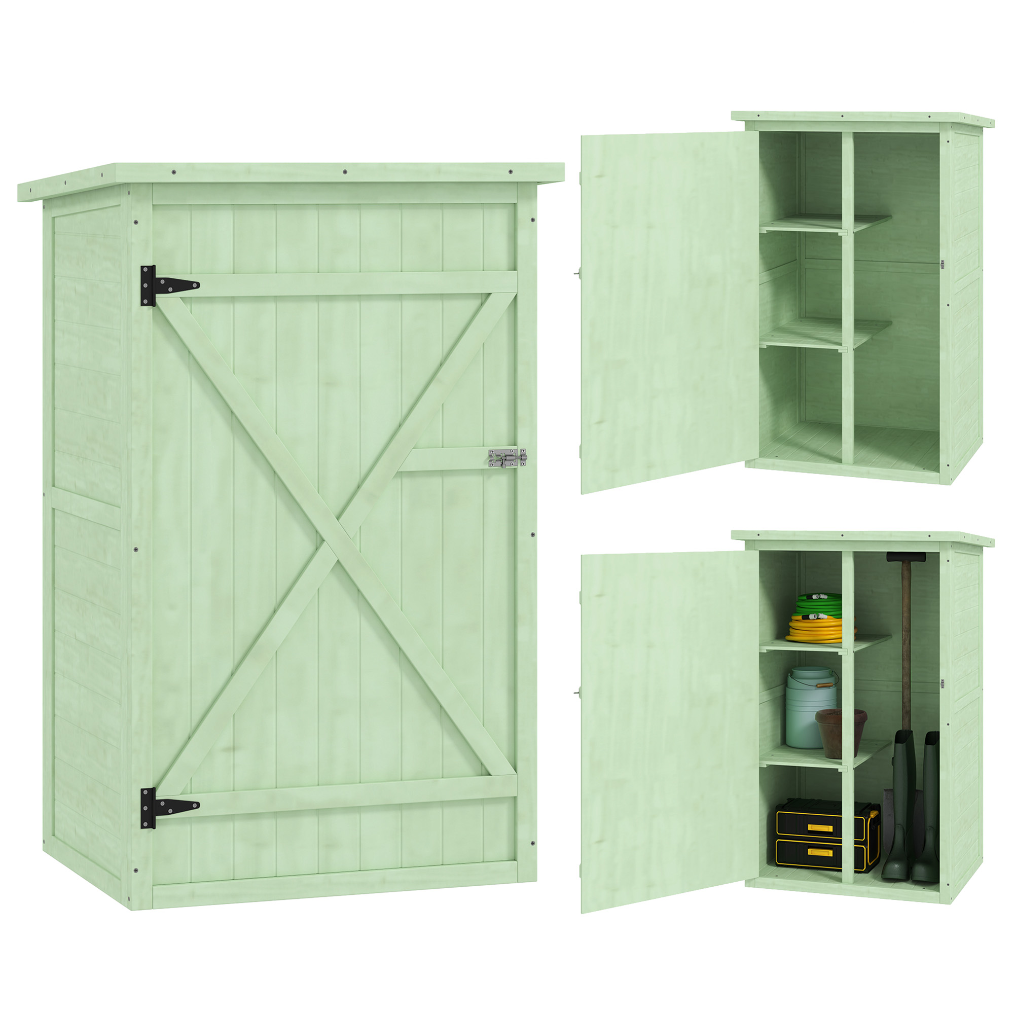 SUNVISTA Wooden Small Shed, Garden Storage Shed with Shelves and Bolt Latch, 75L x 56W x115H cm, Green - Life Essentials