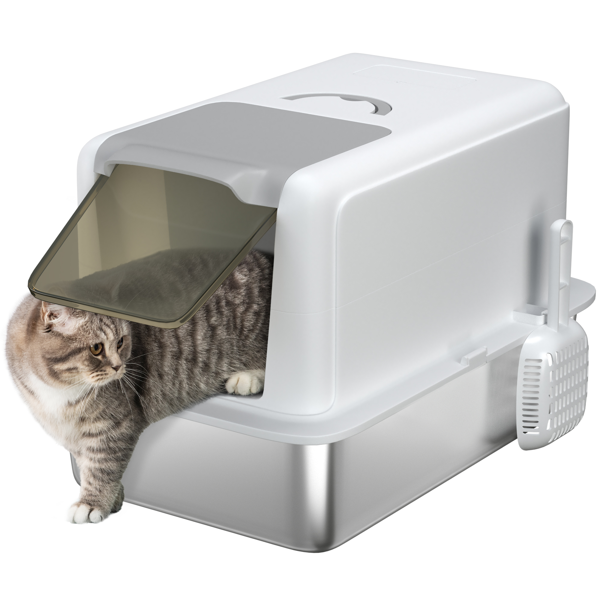 PAWSTER Stainless Steel Cat Litter Box with Removable Lid, Scoop, Filter Bags, for Larger Cats, White - Life Essentials