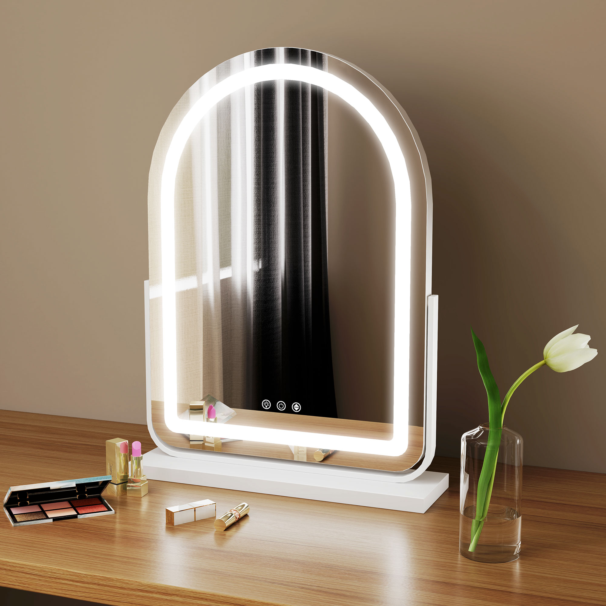 HERON LED Vanity Mirror with Lights, 43 x 59cm Lighted Makeup Mirror with 3 Colour, 360deg Rotation, White - Life Essentials