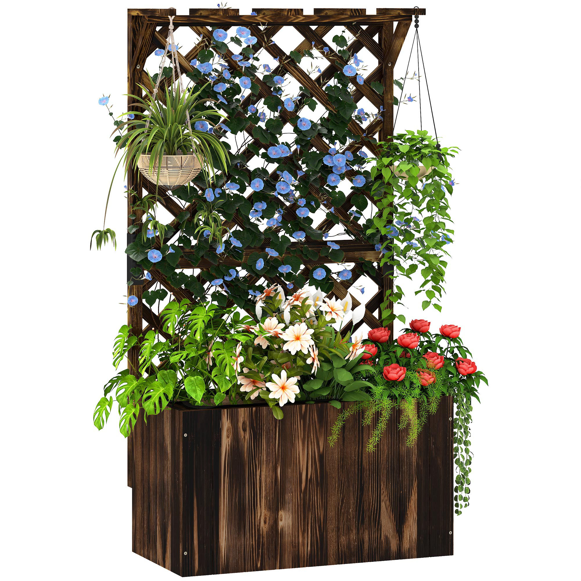 SUNVISTA Wooden Planter with Trellis, Raised Bed with Drainage, Carbonised Finish - Life Essentials