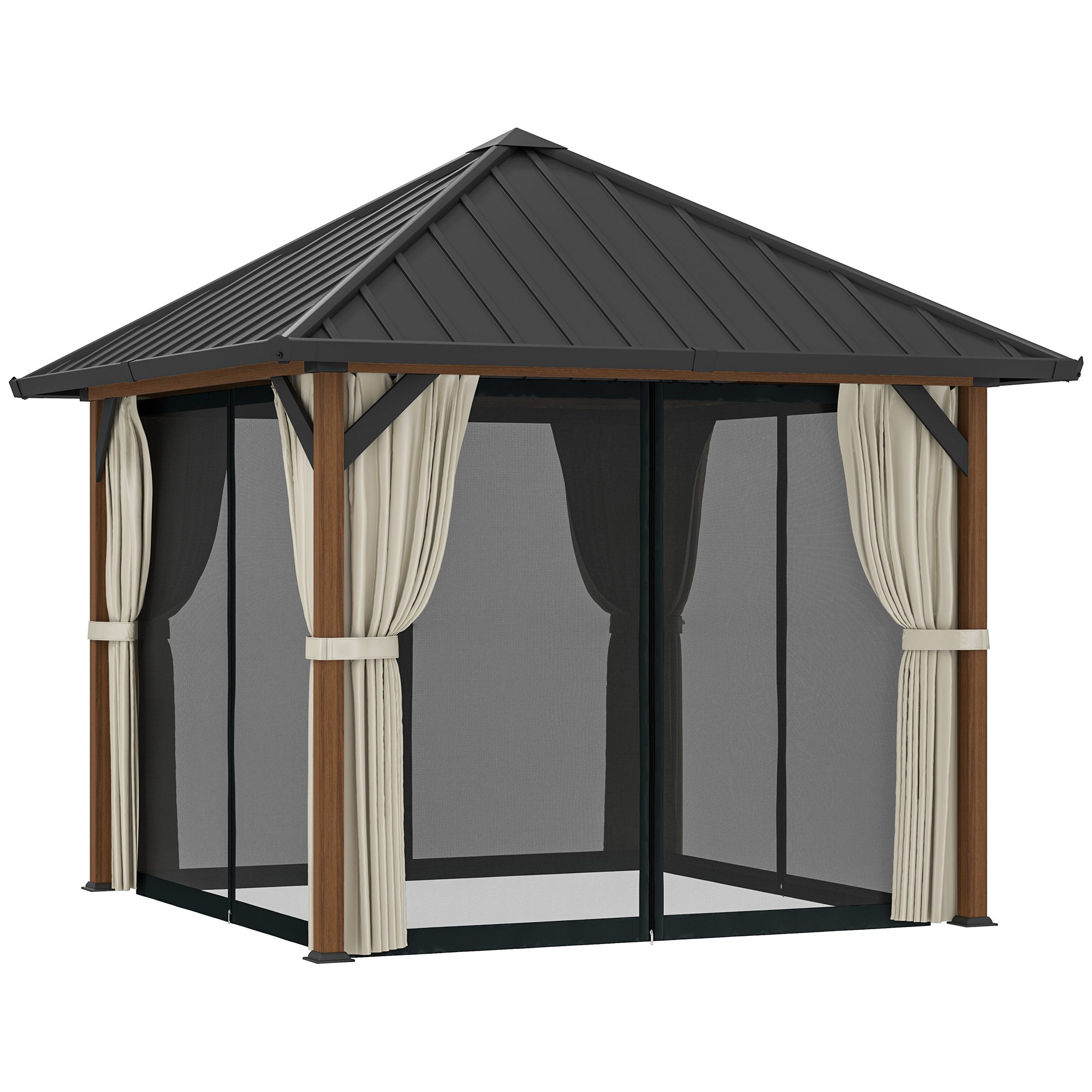 SUNVISTA 3 x 3(m) Hardtop Gazebo with Galvanised Steel Roof and Water Gutter, Walnut Wood Finish - Life Essentials