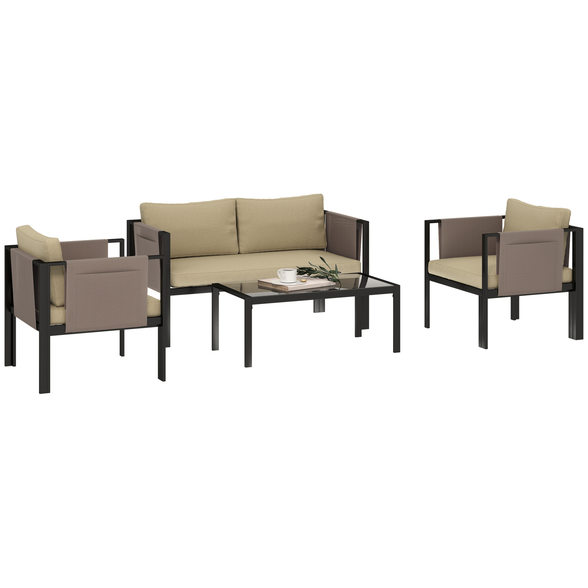 SUNVISTA 4-Piece Metal Garden Furniture Set, Cushioned Seats & Glass Table, Loveseat & Armchairs, Khaki - Life Essentials