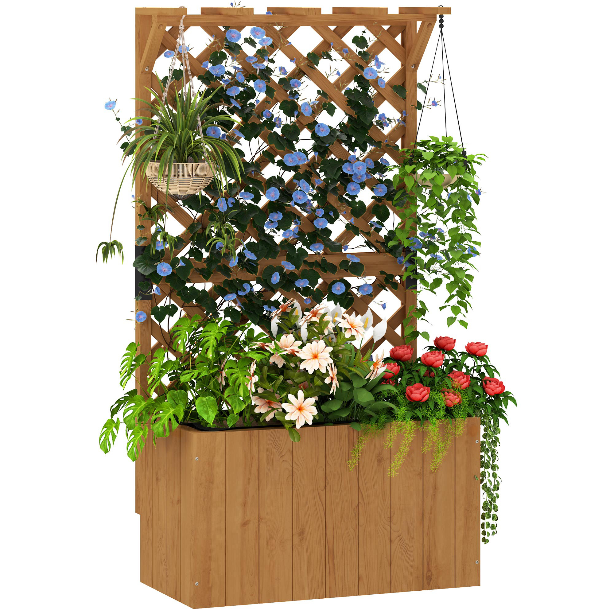 SUNVISTA Wooden Planter with Trellis, Raised Bed with Drainage, Natural Finish - Life Essentials