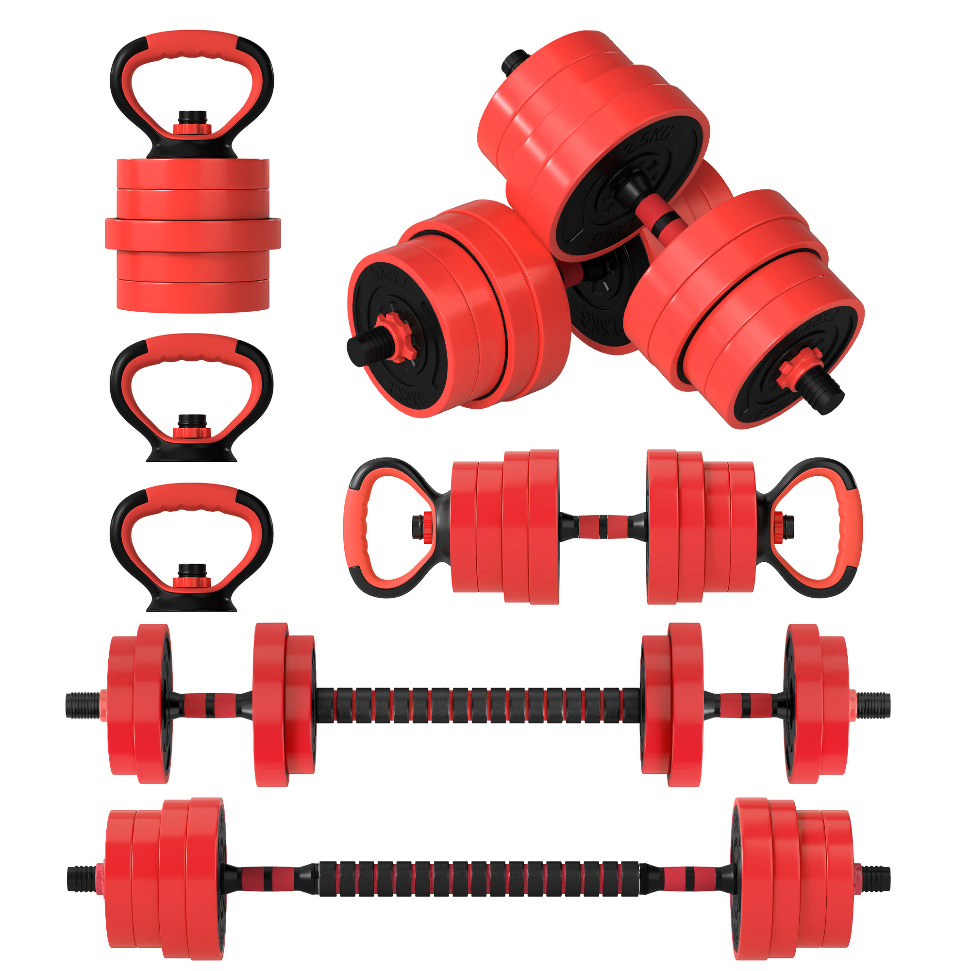 SPORTEDGE 30kg Four-In-One Adjustable Weight Dumbbells Set, Barbell, Kettlebell, Push Up Stand - Red - Life Essentials
