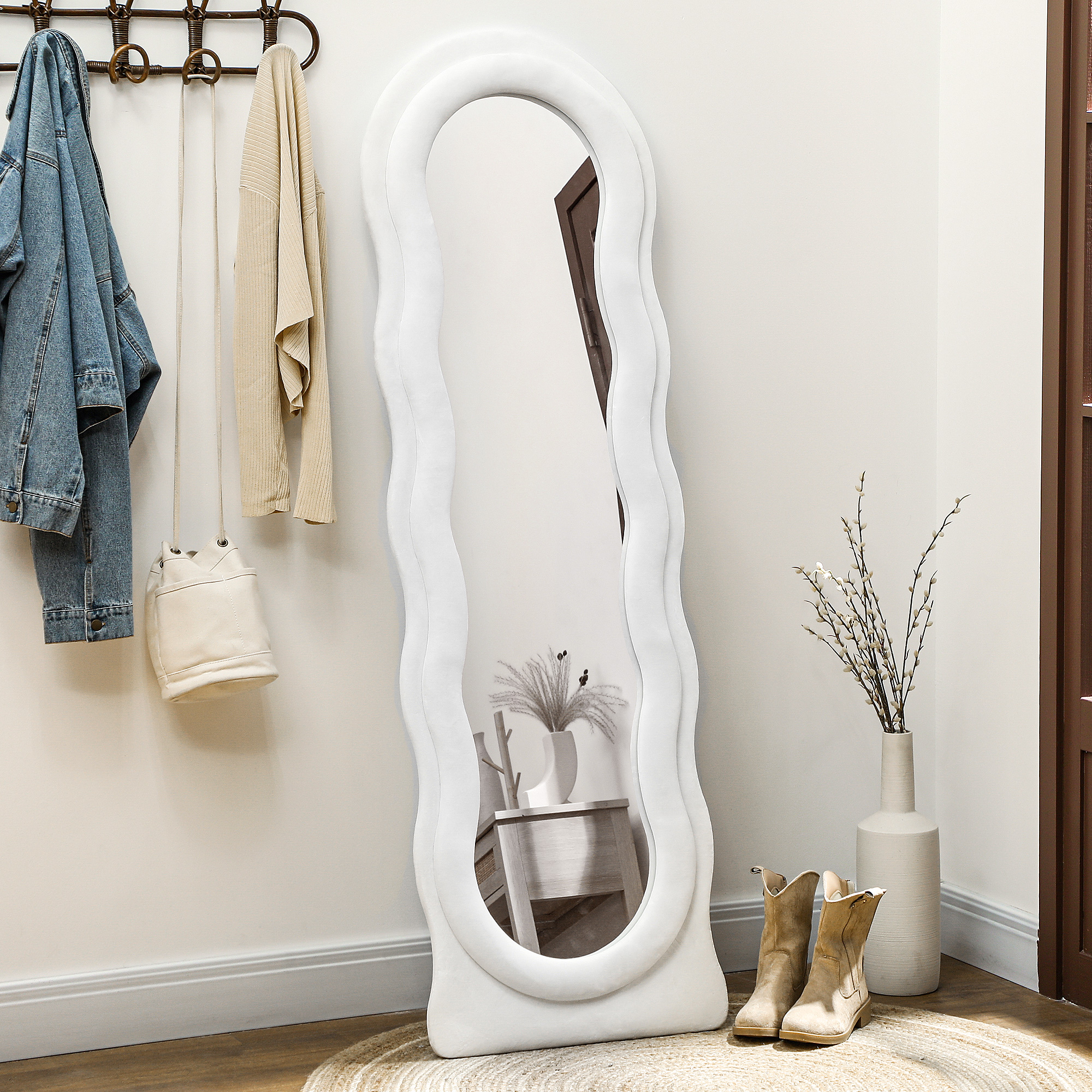 HERON Wavy Velvet-Feel Full Length Mirror - White - Life Essentials