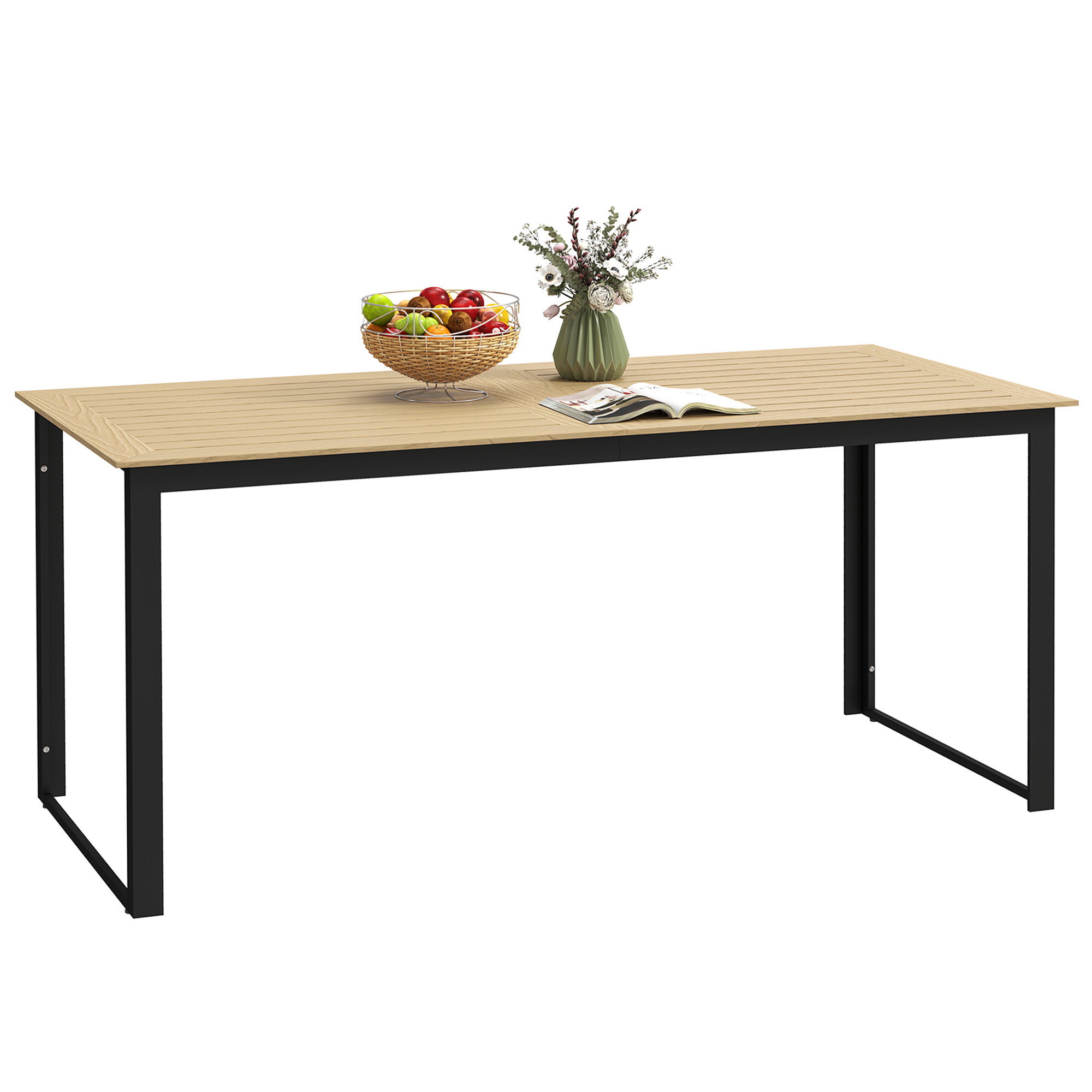 SUNVISTA Garden Table for 6 People, 175 x 78 x 75 cm Rectangle Outdoor Dining Table with Slatted Top, Metal Frame, for Balcony, Deck, Teak - Life 