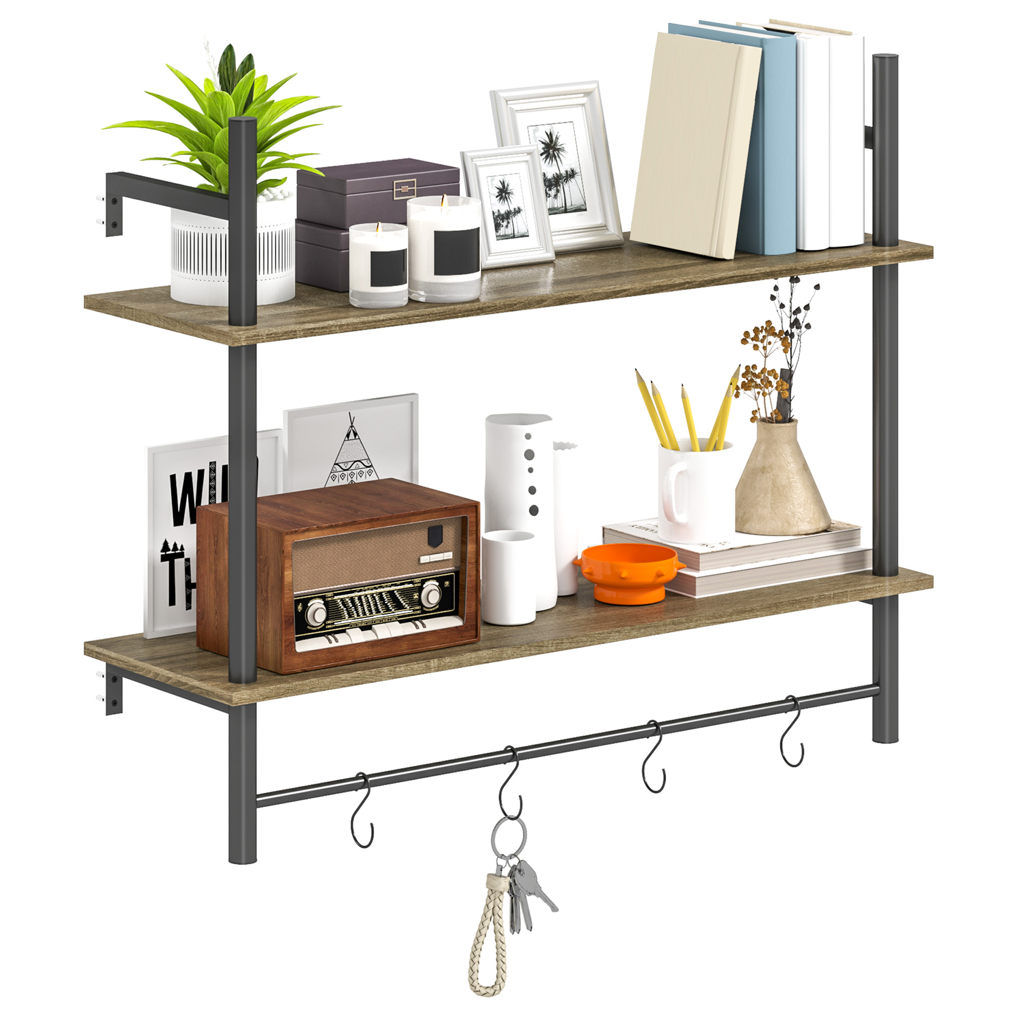 HERON Wall Mounted Floating Shelves with 4 Hooks, Rustic Wall Shelf Unit for Living Room, Entryway, Grey - Life Essentials