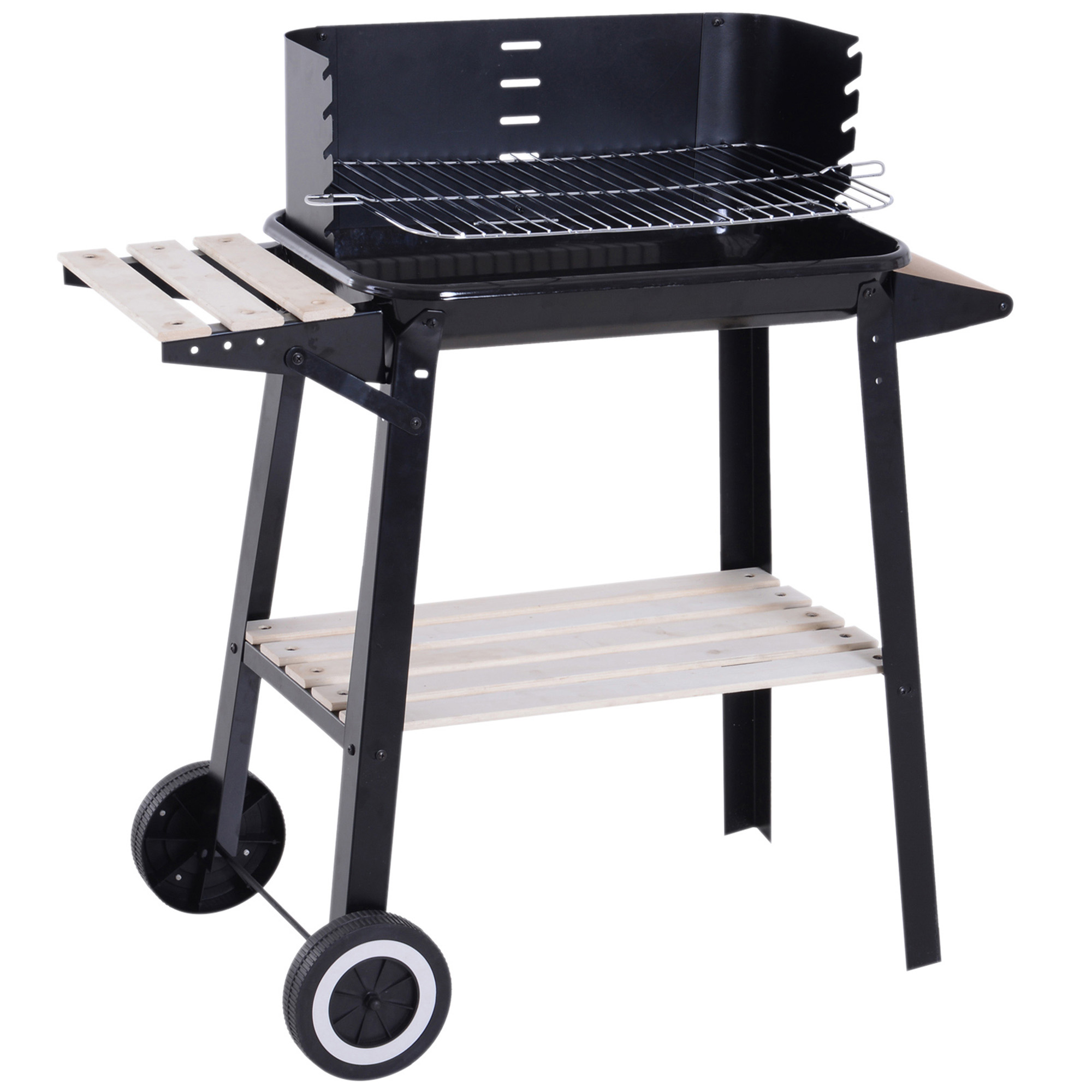 Trolley Charcoal BBQ Barbecue Grill Outdoor Patio Garden Heating Smoker with Side Trays Storage Shelf and Wheels - Life Essentials