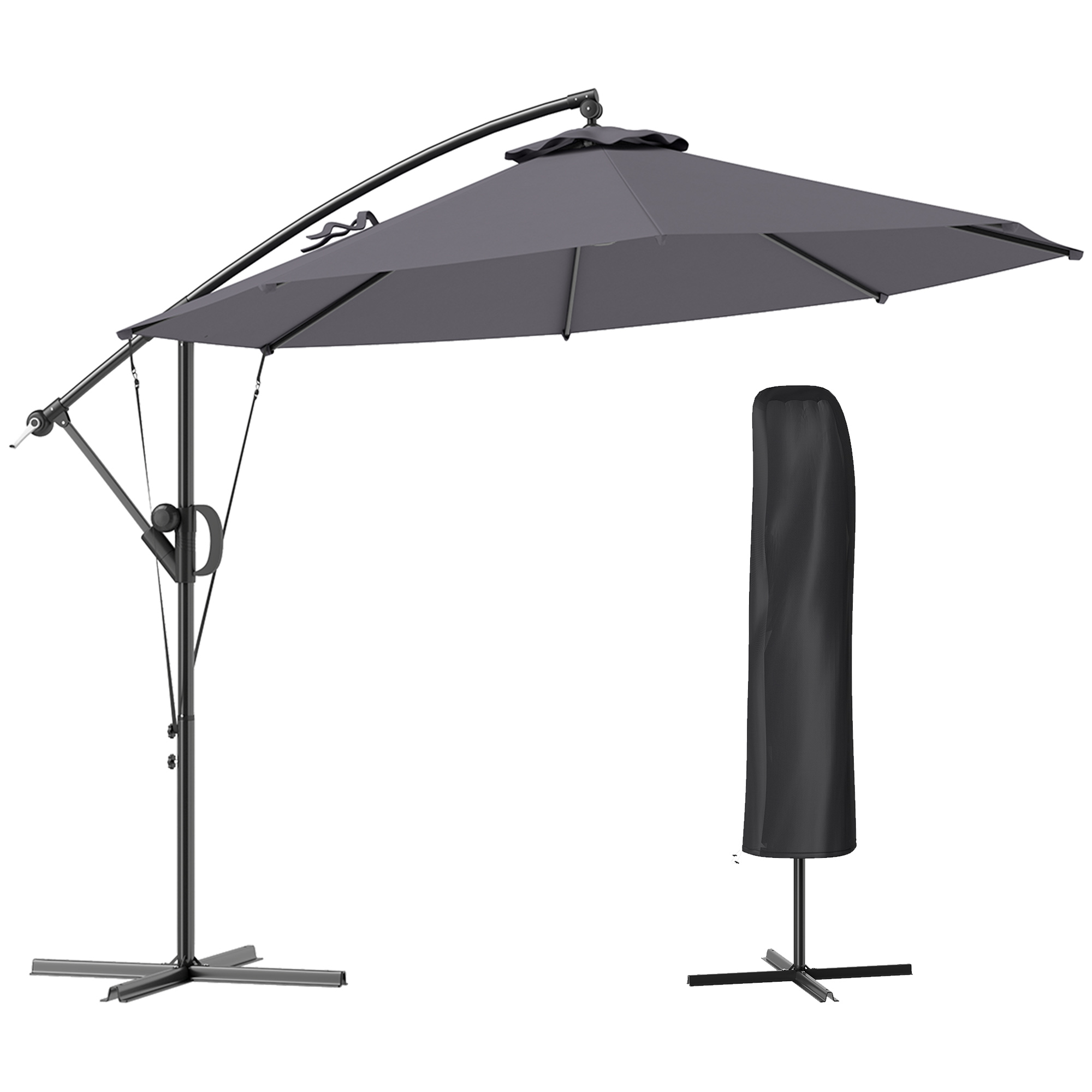 SUNVISTA 3m Cantilever Parasol with Tilt, Cover & Wind Strap, Banana Umbrella, UPF50+ - Grey - Life Essentials
