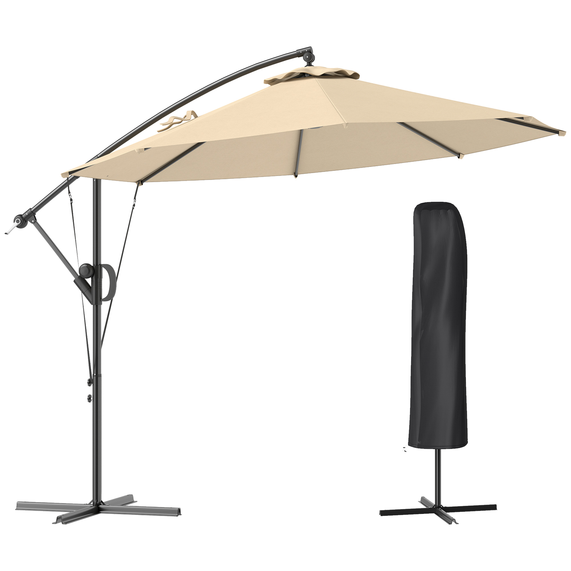 SUNVISTA 3m Cantilever Parasol with Tilt, Cover & Strap, Banana Umbrella, Crank Handle, UPF50+ - Khaki - Life Essentials