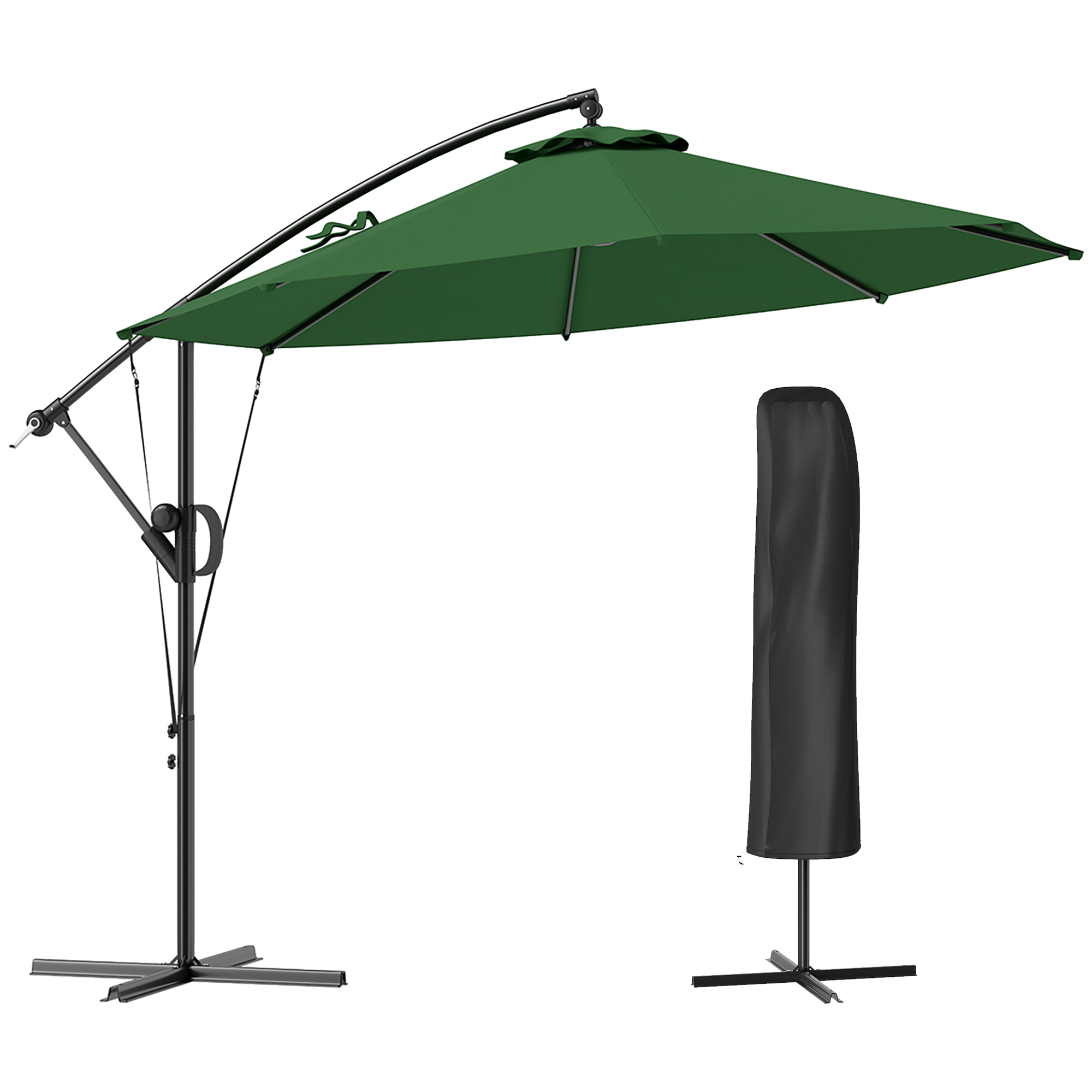 SUNVISTA 3m Cantilever Parasol with Tilt, Cover & Strap, Banana Umbrella, Crank Handle, UPF50+ - Green - Life Essentials