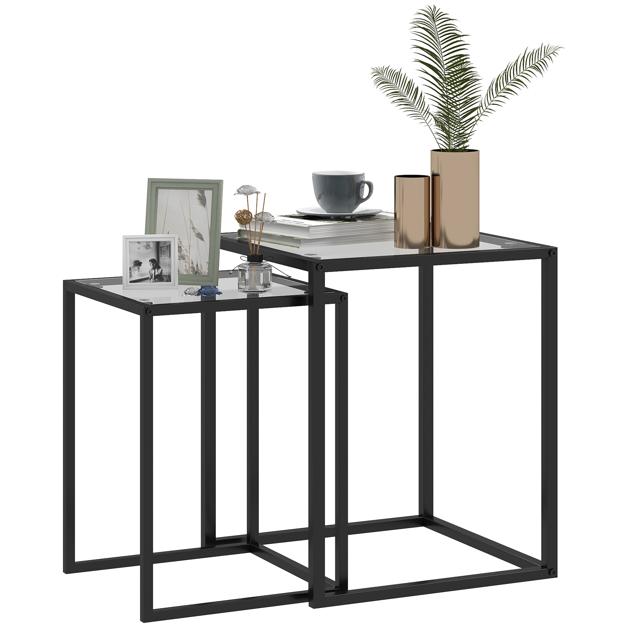 HERON Nesting Tables Set of 2, Side End Table with Tempered Glass Top and Steel Frame for Living Room, Bedroom, Black - Life Essentials