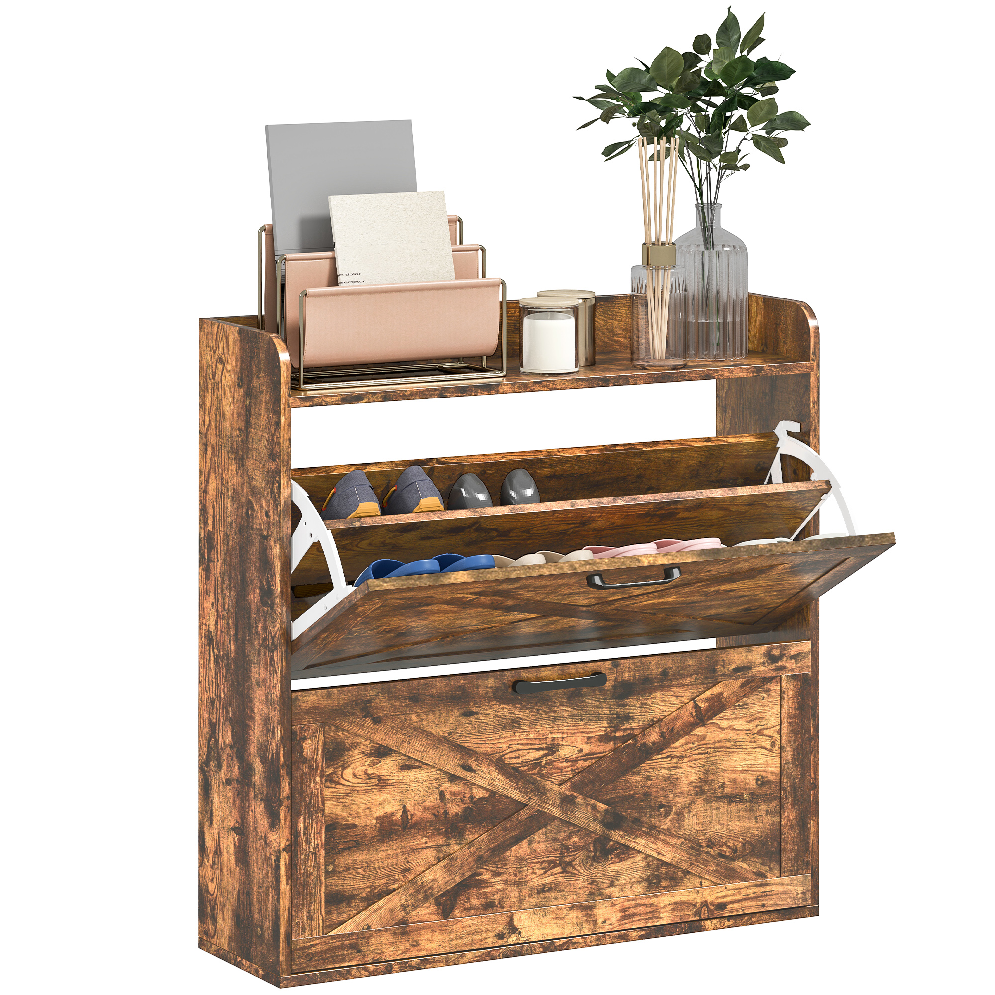 ZELAM 2 Flip Drawers Medium Shoe Cabinet Oak Finish - Life Essentials