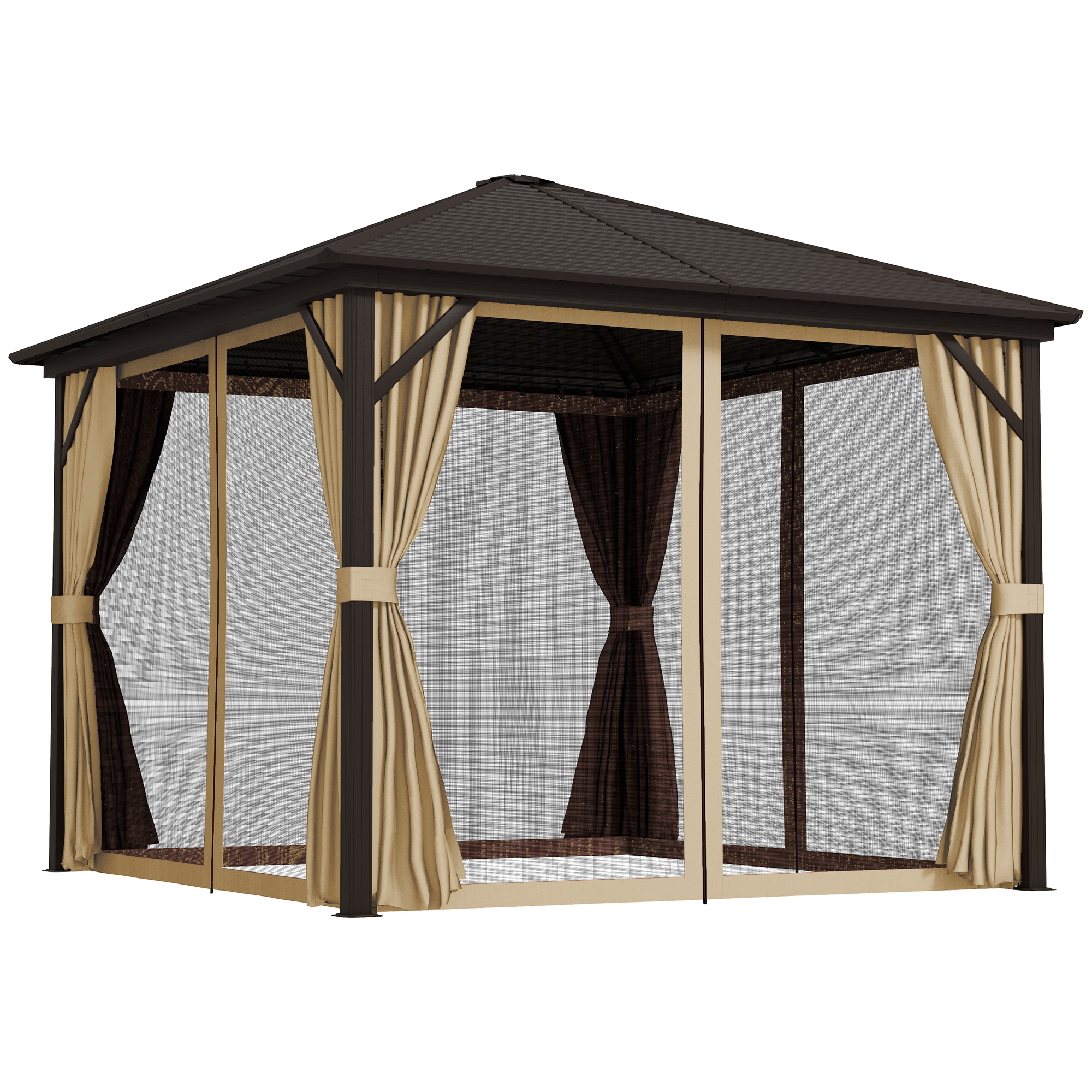 SUNVISTA 3 x 3(m) Metal Hardtop Gazebo, with Curtains and Accessories - Brown - Life Essentials