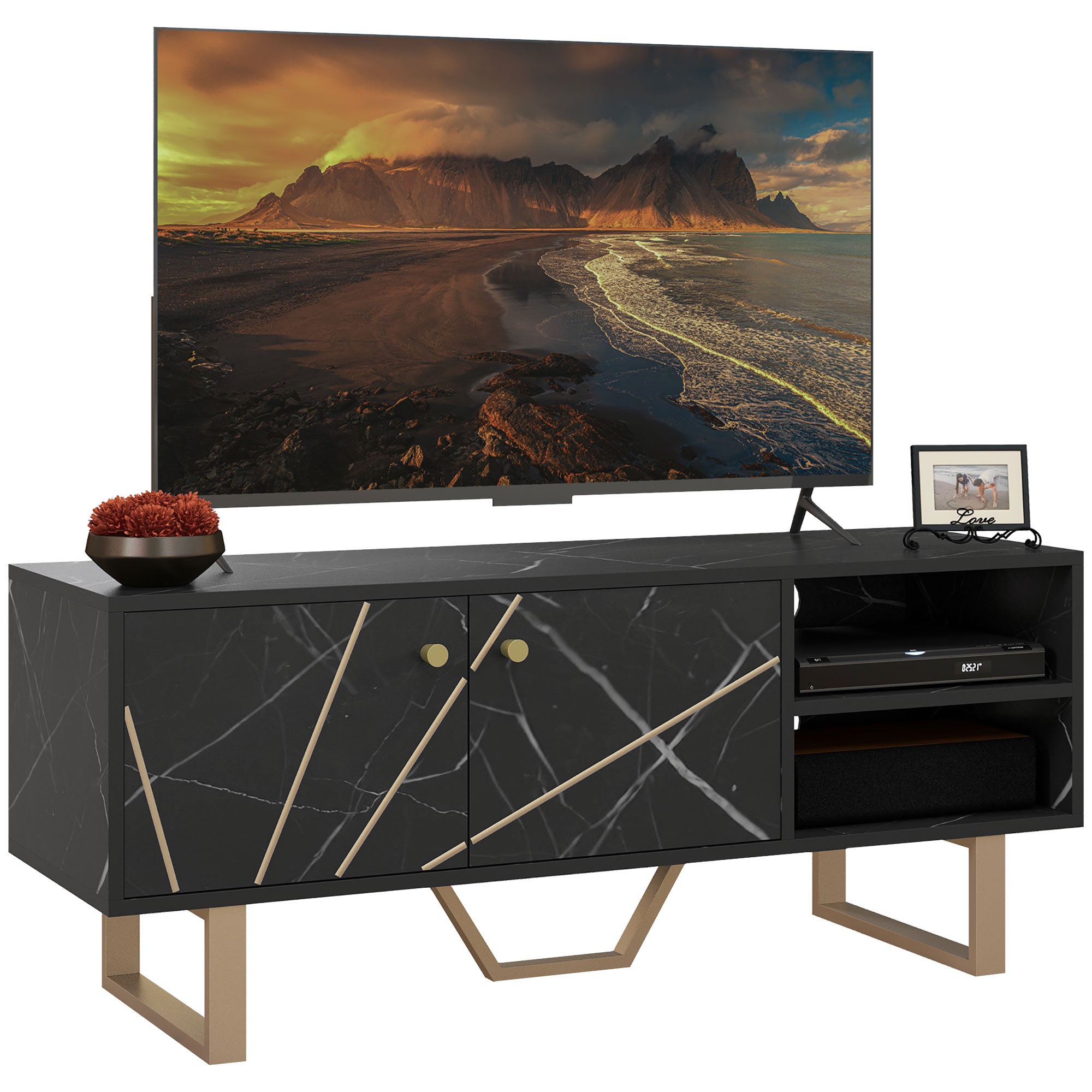 Scott TV Stand Cabinet for TVs up to 50 Inches with Storage Shelves - Black Marble - Life Essentials
