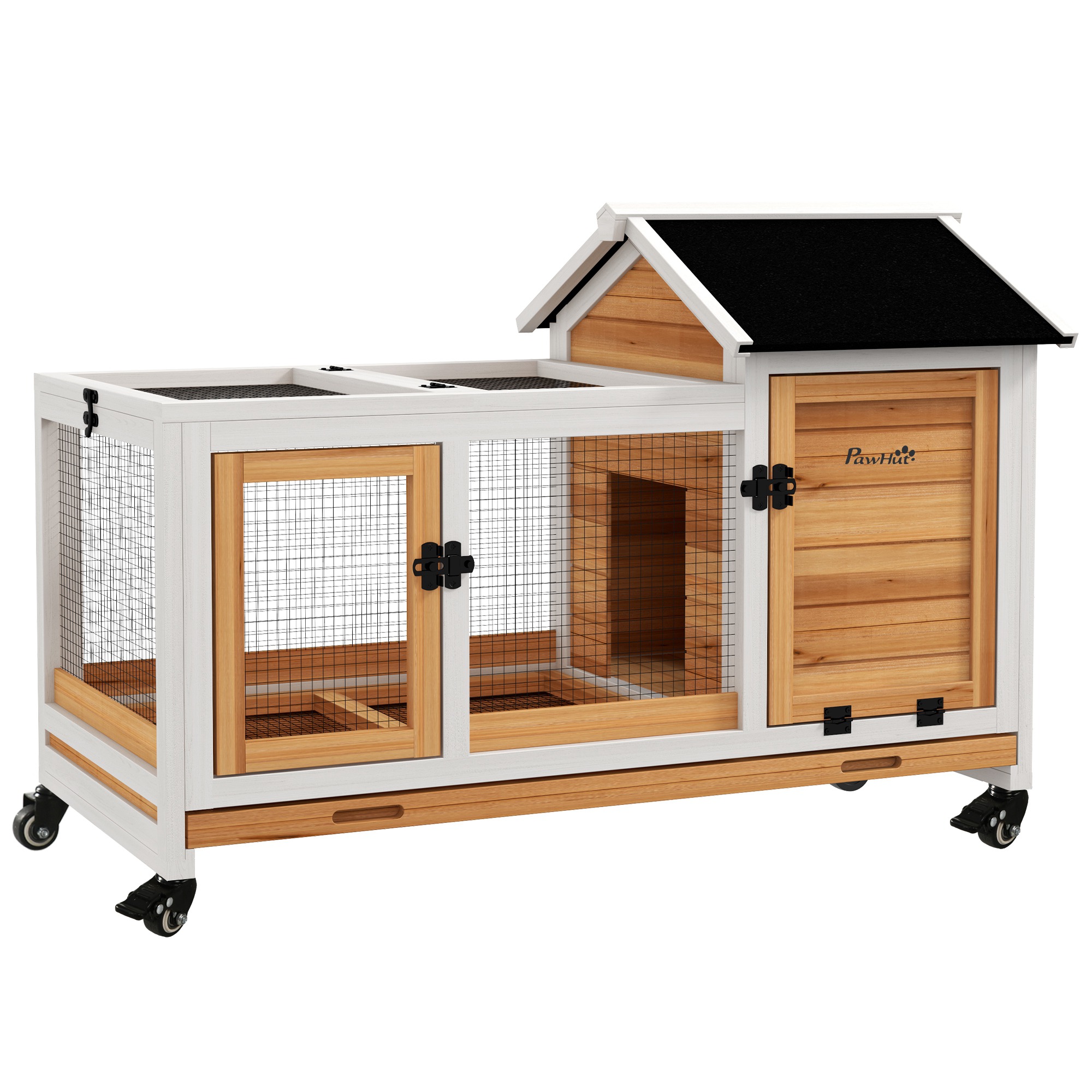Wooden Rabbit Hutch, Guinea Pig Cage, with Removable Tray, Wheels - Yellow - Life Essentials