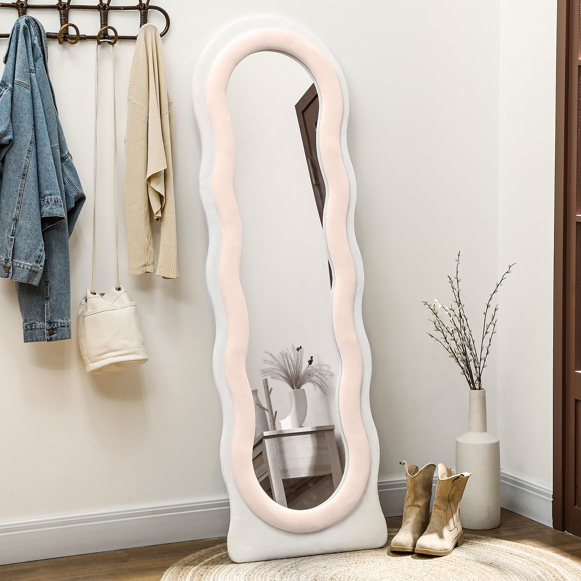 HERON Wavy Velvet-Feel Full Length Mirror - Pink - Life Essentials