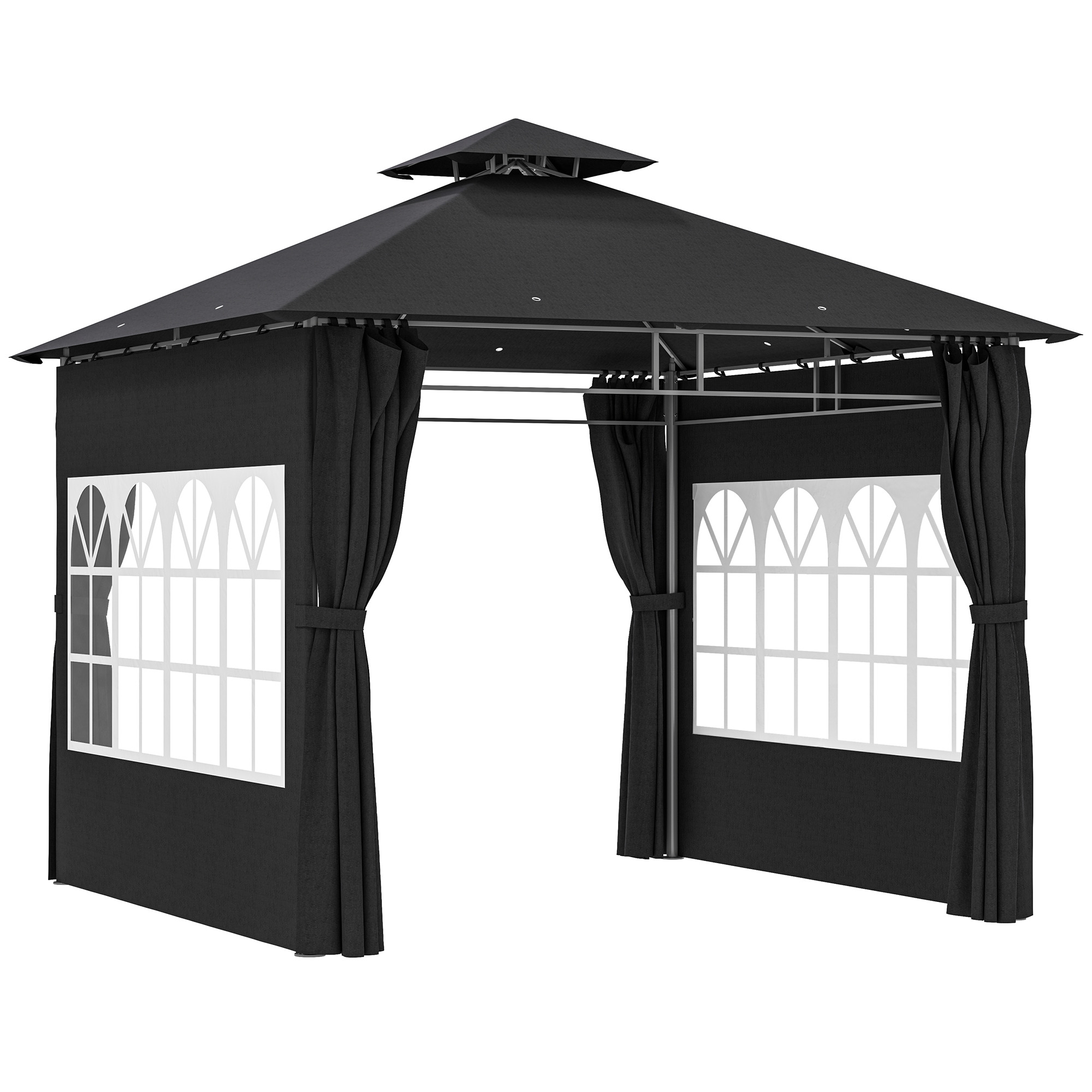 SUNVISTA 3 x 3 m Garden Gazebo, Double Roof Metal Gazebo with Removable Sidewalls and Church Windows, Outdoor Canopy Shelter, Black - Life Essentials