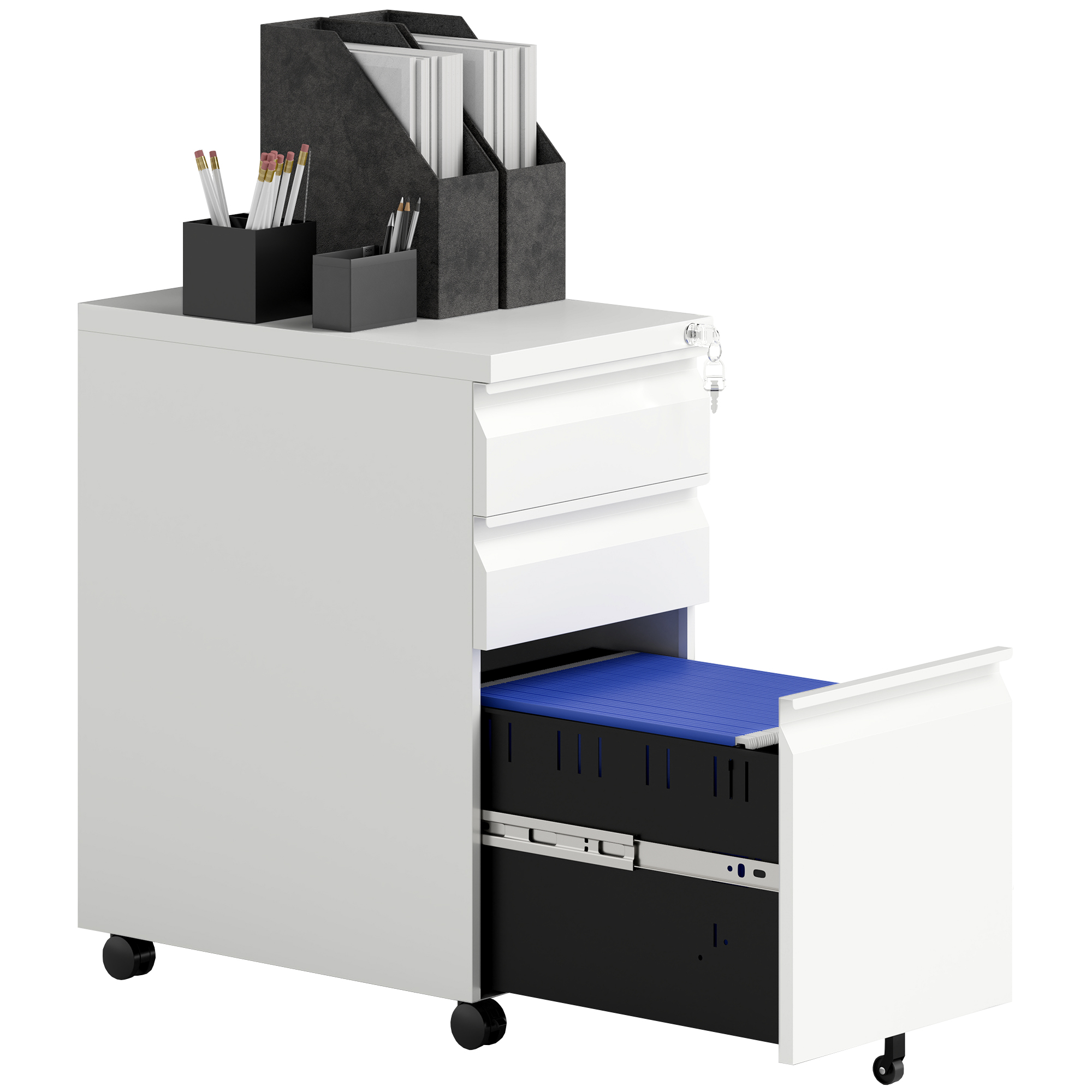 VONSETTA 3-Drawer Steel Filing Cabinet with Lock and Wheels - White - Life Essentials