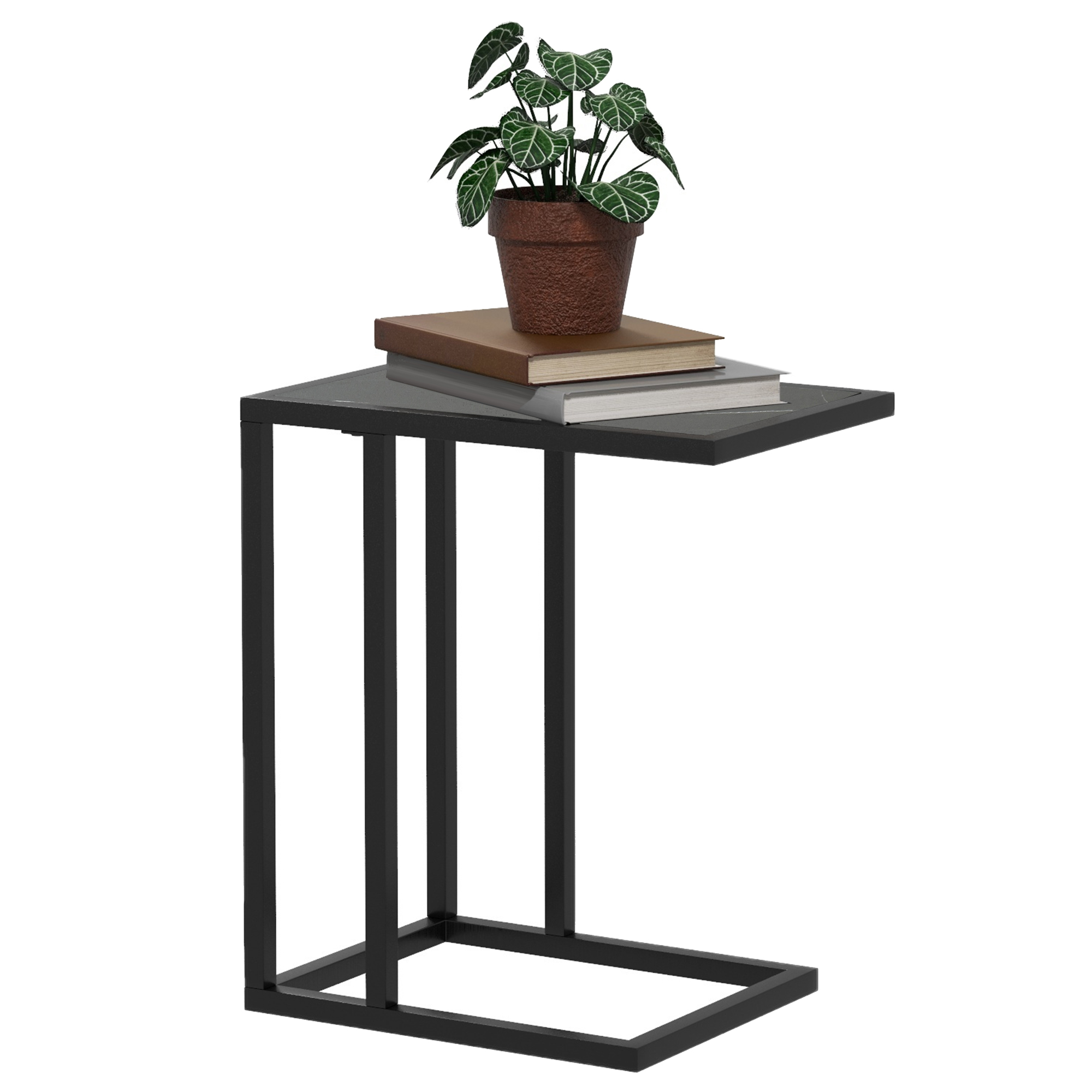 C Shape Side Table Marble-Effect Top w/ Metal Frame Space-Saving Home Furniture Bedroom Living Room Office Corner Desk Black White - Life Essentials