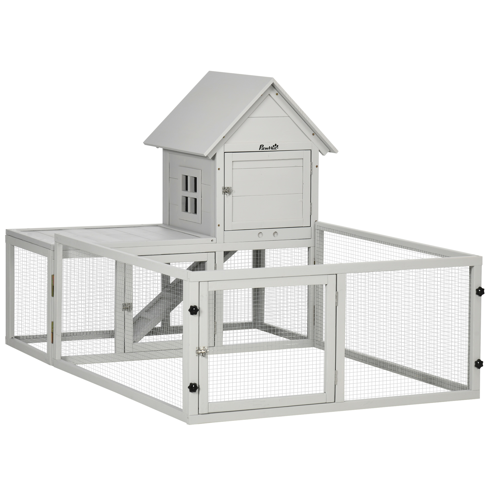 Wooden Rabbit Hutch with Extra Fenced Area, Large Guinea Pig Cage, Small Animal House for Indoor with Slide-out Tray, Light Grey - Life Essentials