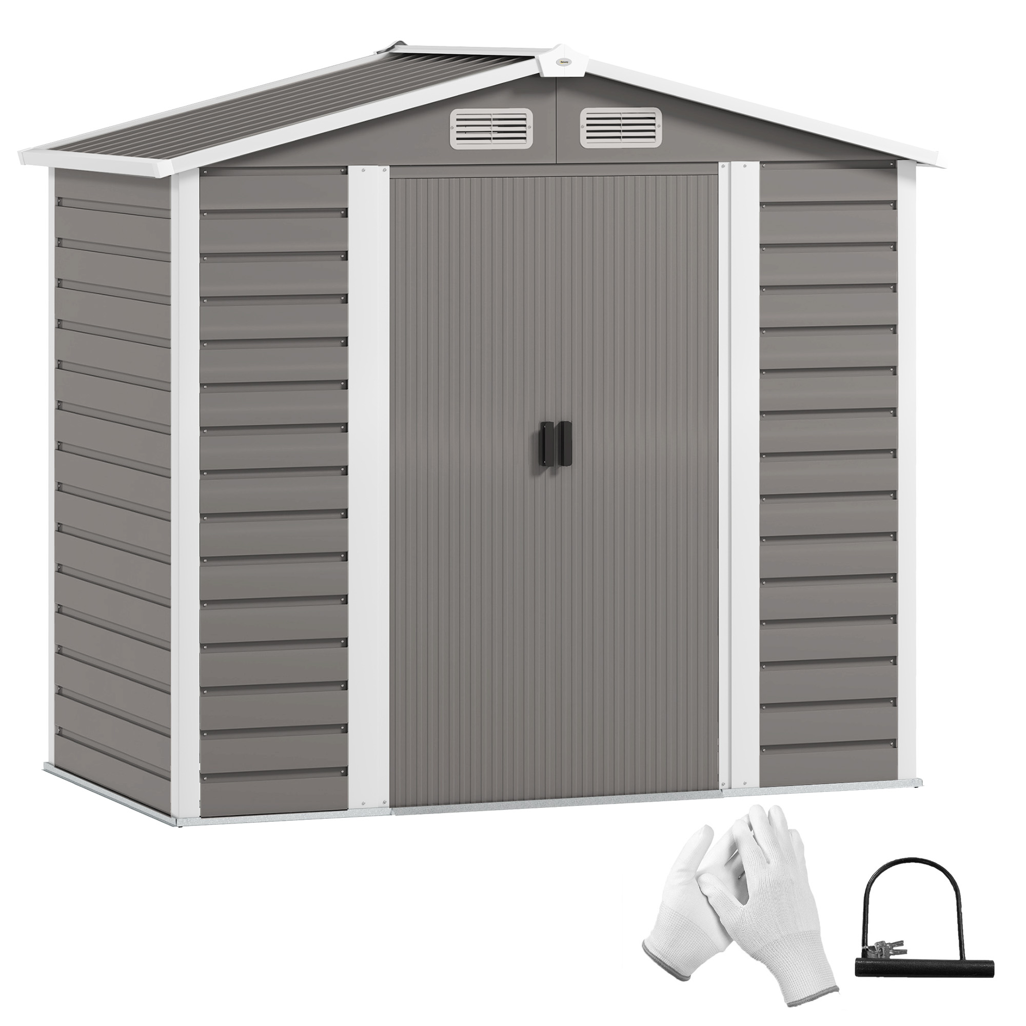 SUNVISTA 7x4ft Garden Storage Shed, Galvanised Steel, Double Doors with Lock, Foundation Kit & Vents, Light Grey - Life Essentials