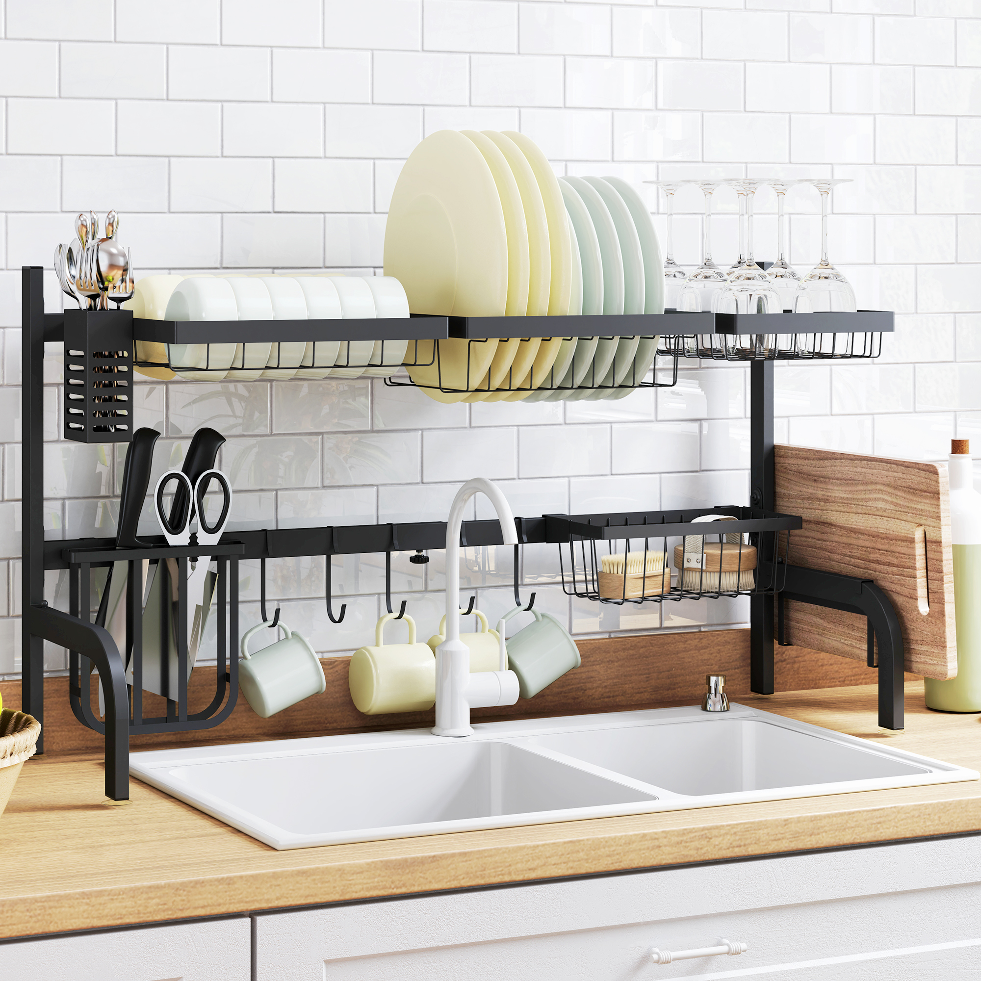 Space Saving 2 Tier Adjustable Dish Drainer Over The Sink Dish Drying Rack, Black - Life Essentials
