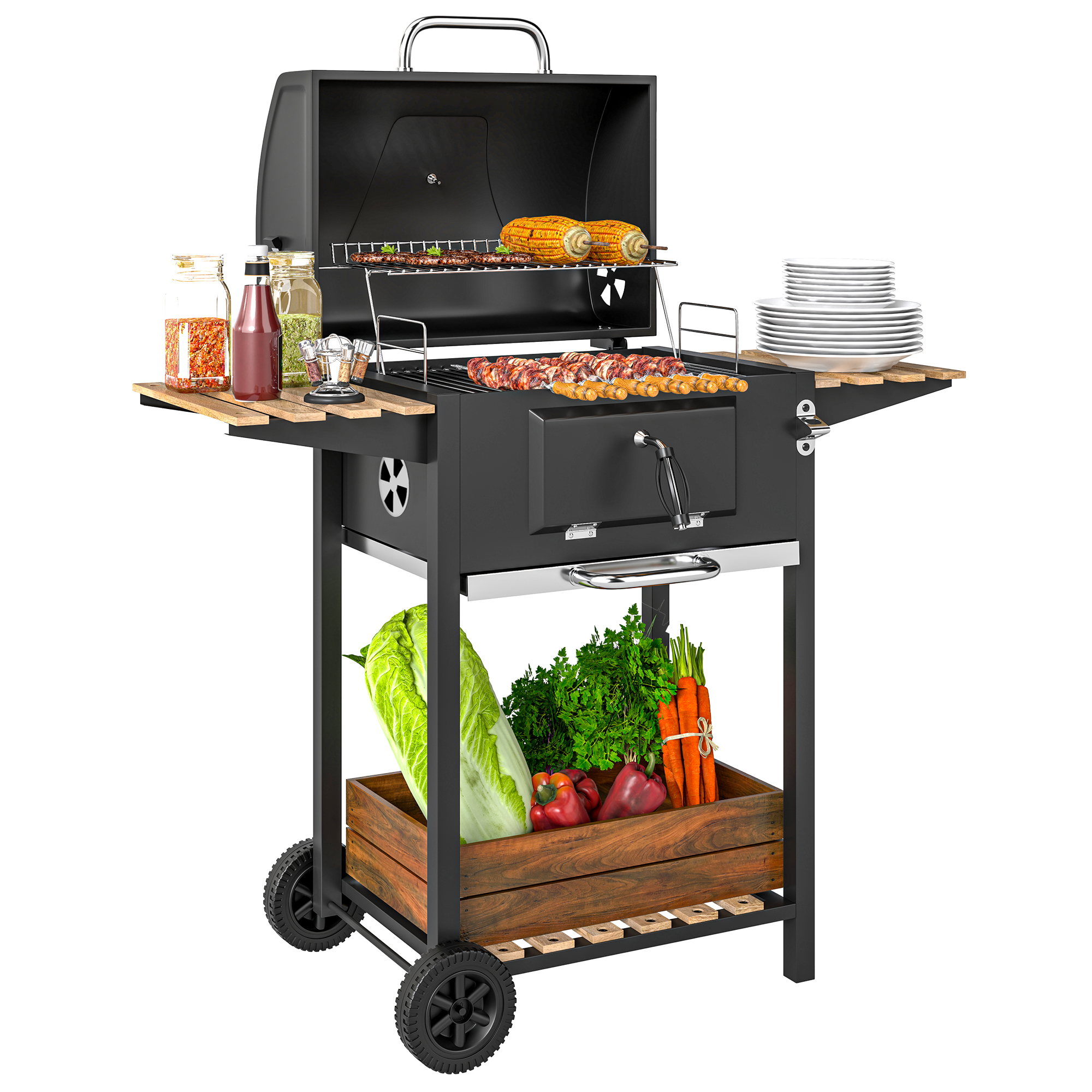 SUNVISTA Charcoal BBQ Grill with Adjustable Pan, Smoker, Shelves, Wheels, Temp Gauge & Bottle Opener, Outdoor Barbecue - Life Essentials
