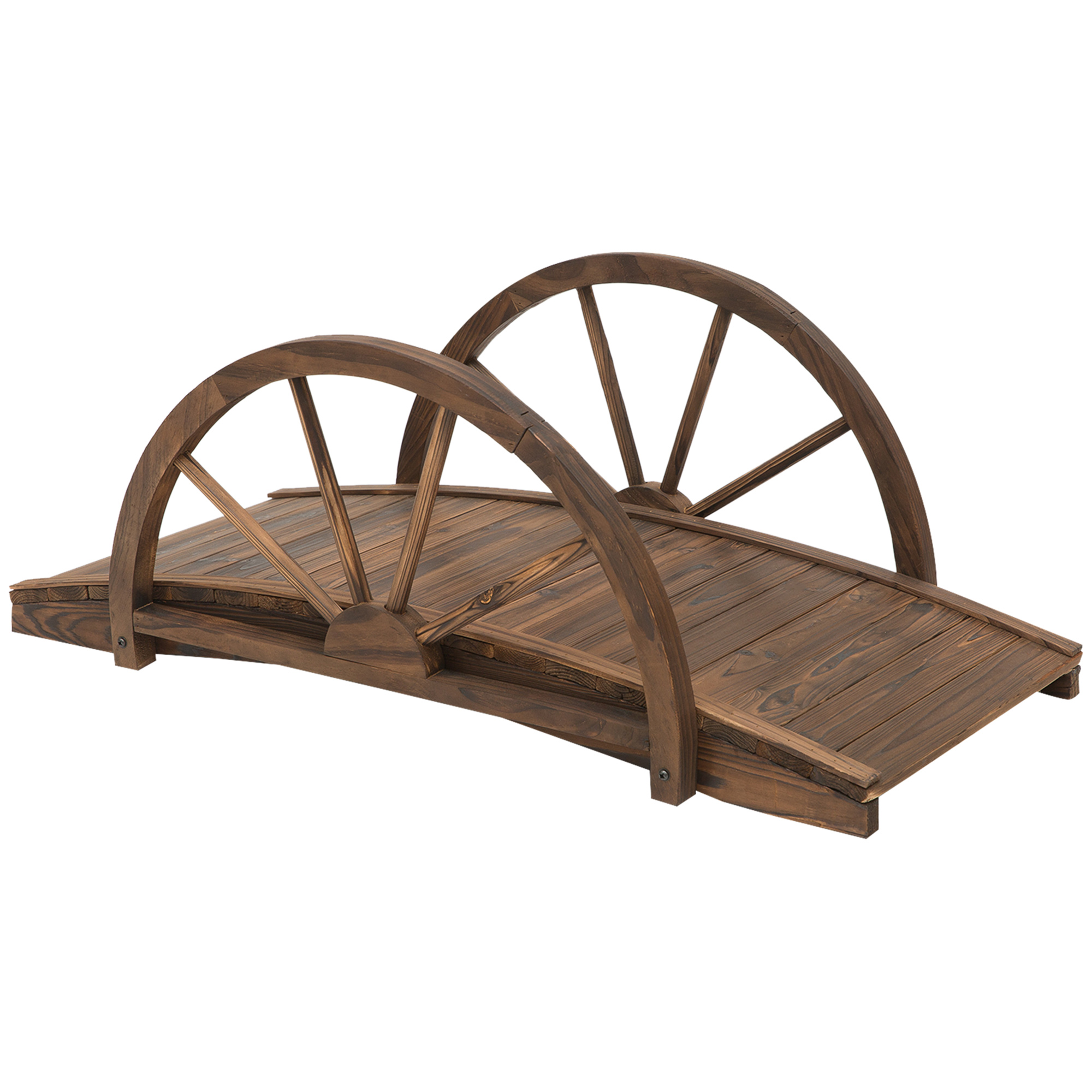 Wooden Garden Bridge Lawn Décor Stained Finish Arc Outdoor Pond WalkwayYard Decoration Half Wheeled Railings 100L x 50W x 37Hcm - Life Essentials