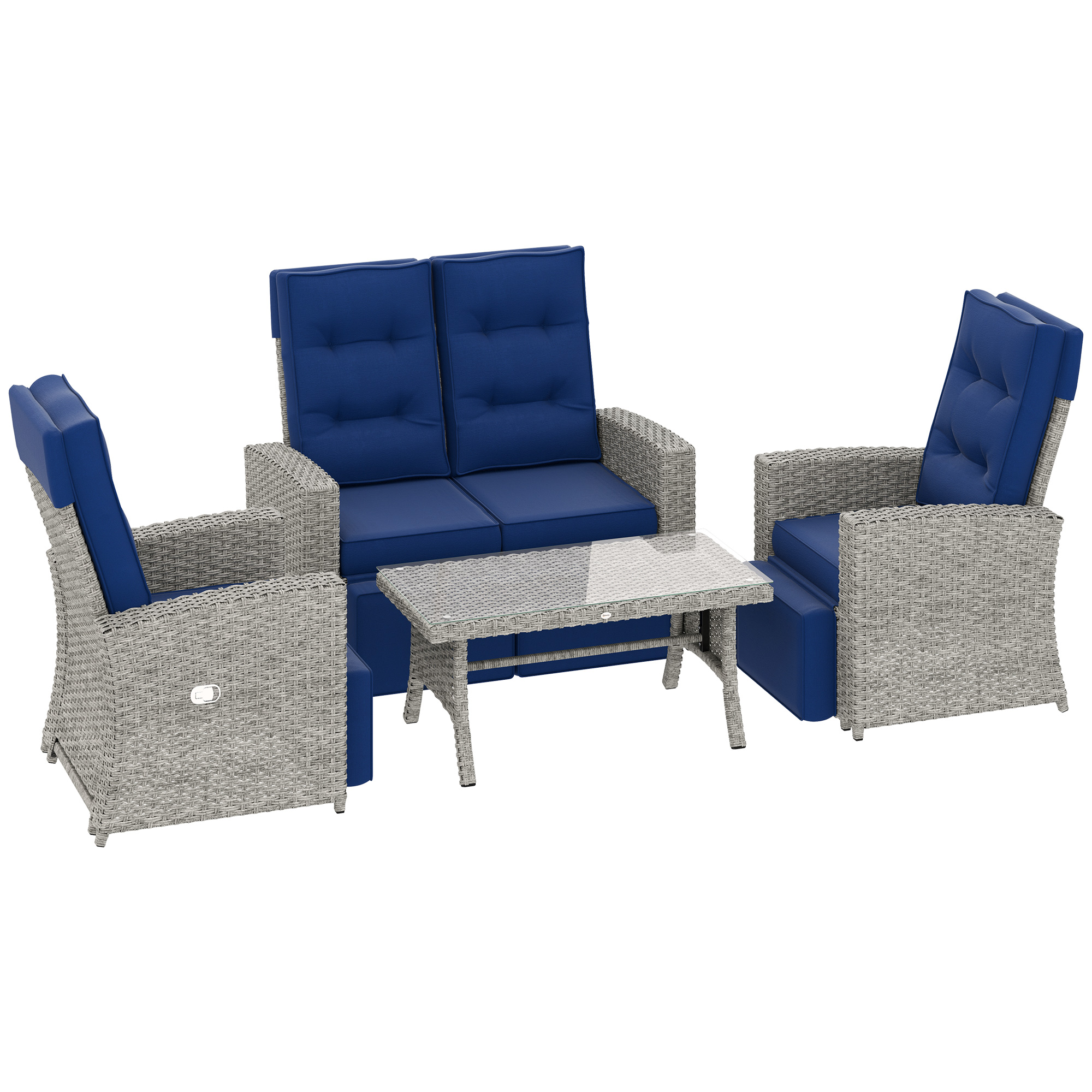 SUNVISTA 4 Piece Rattan Garden Furniture Set Outdoor Sofa Sectional Set with Glass Top Table for Poolside, Navy Blue - Life Essentials