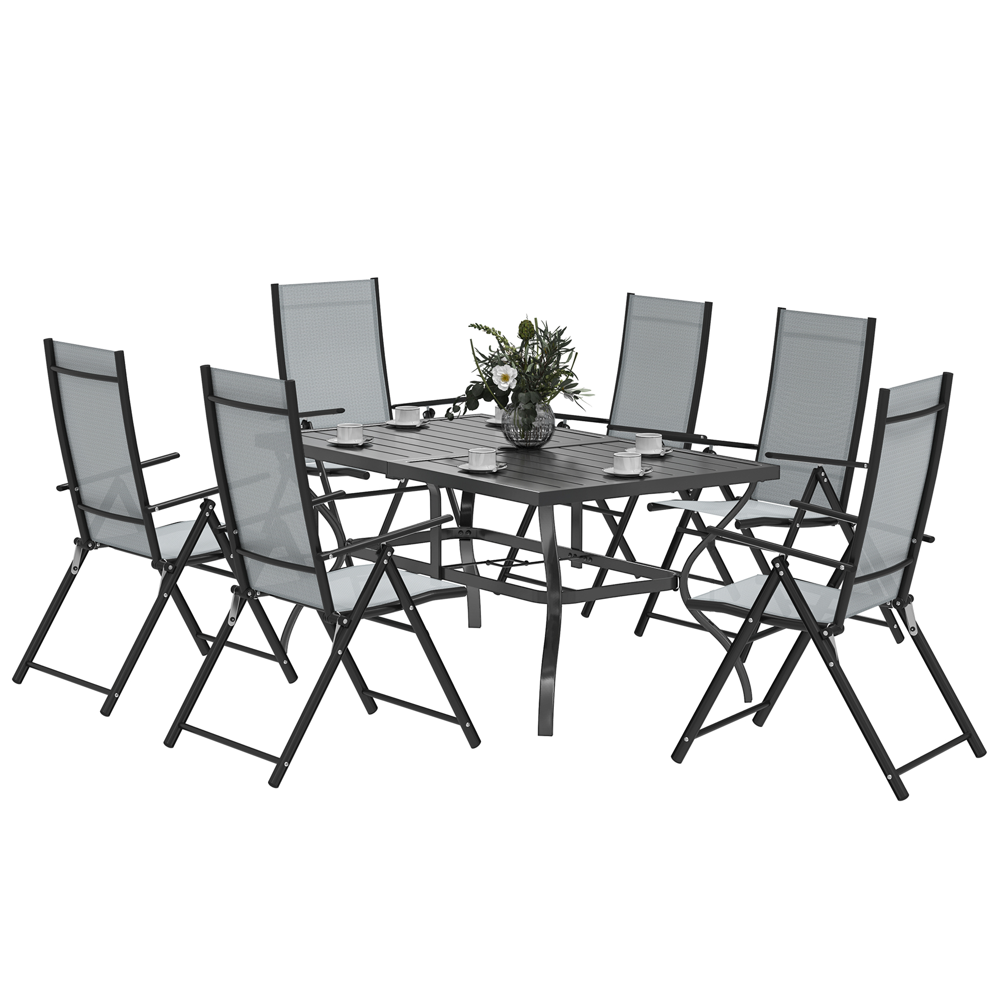 SUNVISTA Seven-Piece Steel Outdoor Dining Set, with Parasol Hole - Grey - Life Essentials