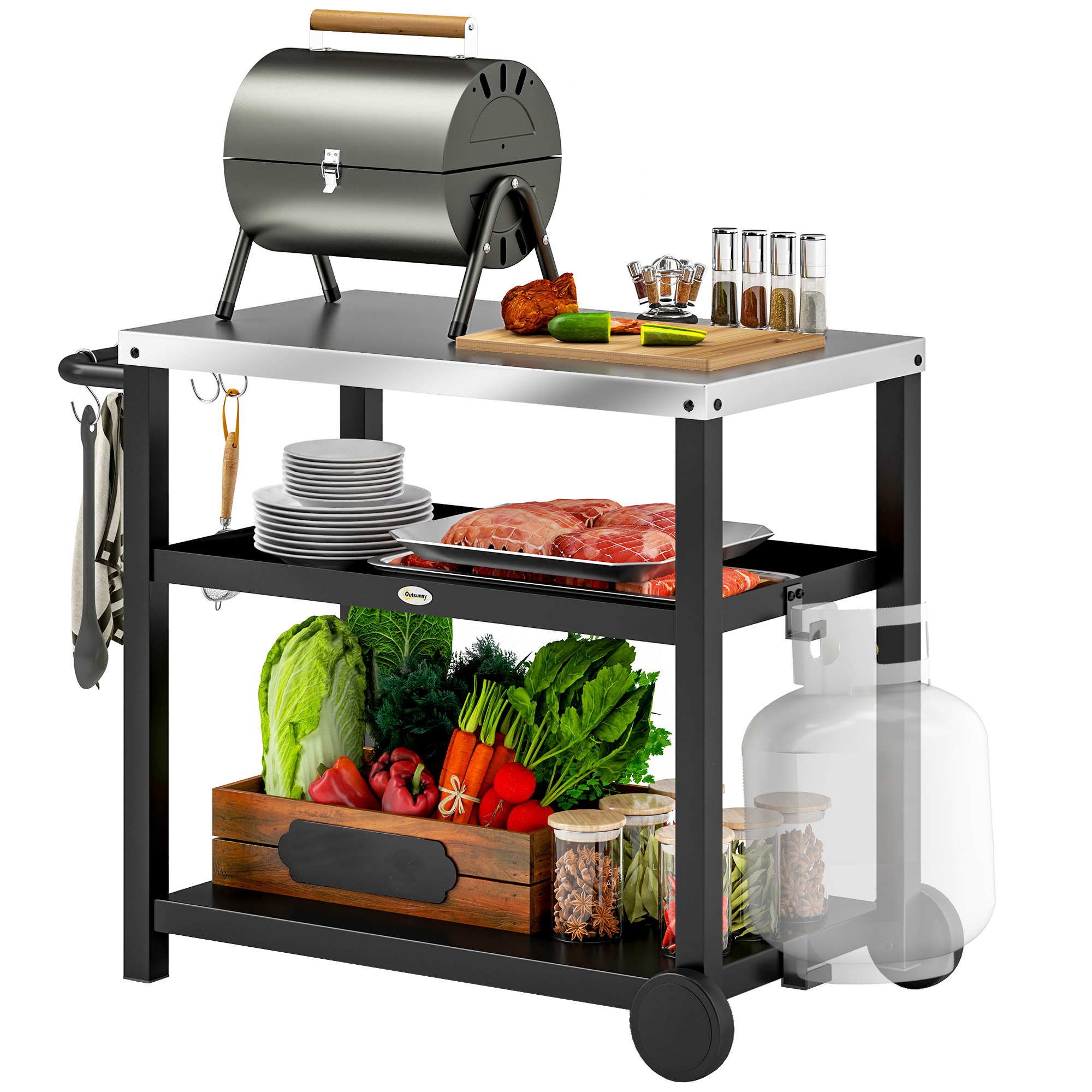 SUNVISTA 3-Shelf Outdoor Grill Cart, Stainless Steel Top, Wheels, Hooks, BBQ Trolley, Charcoal Grey - Life Essentials
