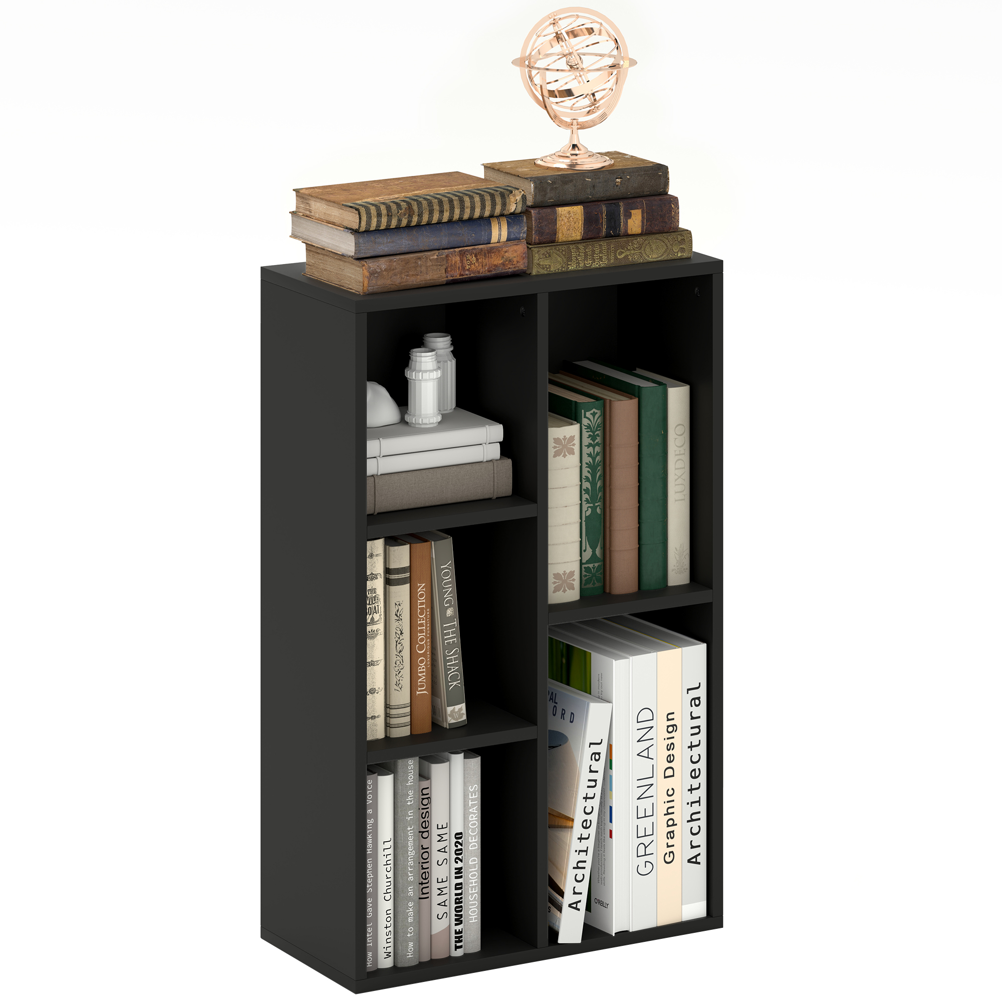 HERON 2-Tier Bookshelf with 5 Compartments - Black - Life Essentials