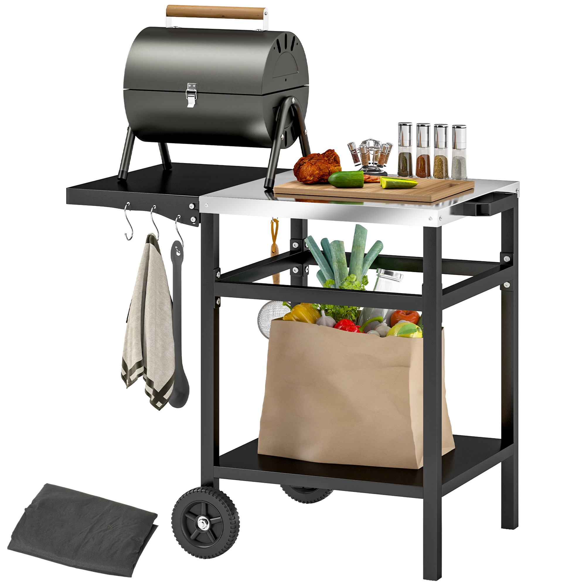 SUNVISTA Outdoor BBQ Trolley with Stainless Steel Top, Foldable Side Table & Cover, Grill Cart, Black - Life Essentials