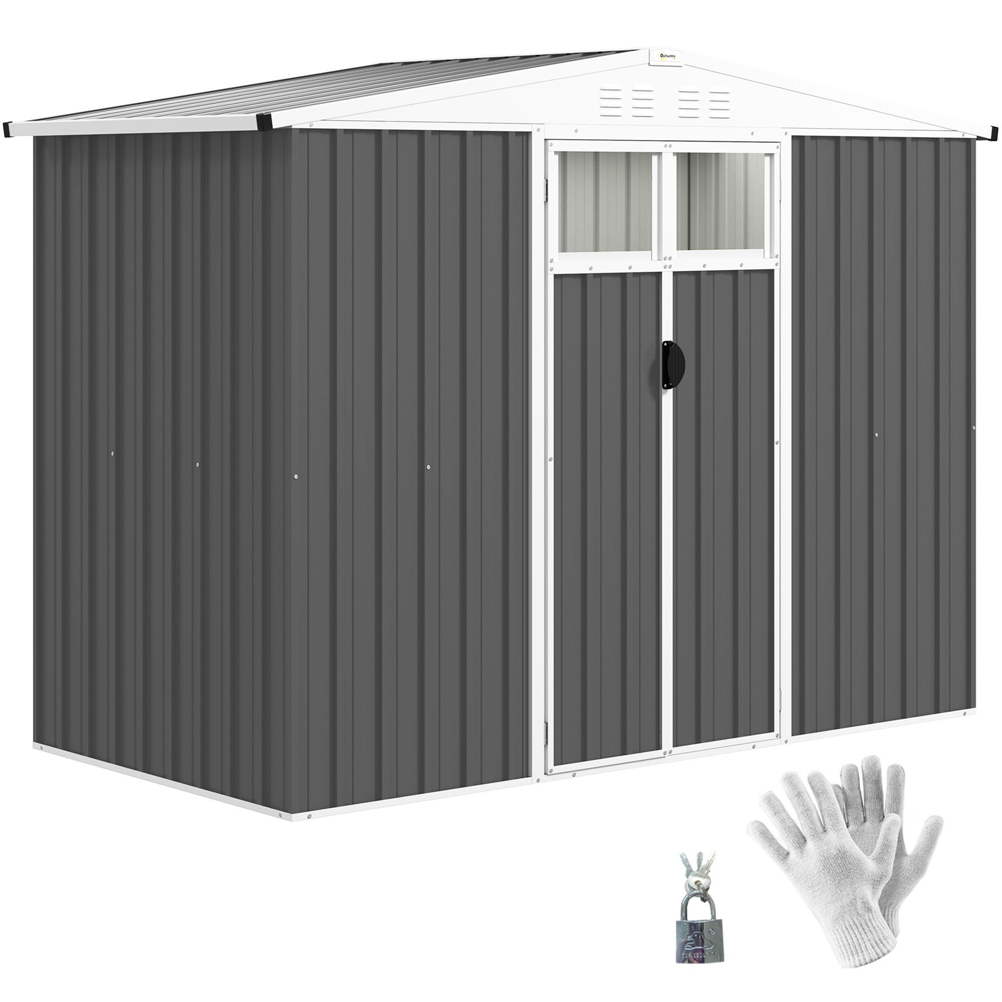 SUNVISTA 8x4ft Metal Garden Shed, Waterproof Galvanised Steel Tool Storage with Lockable Door, Window & Vents, Dark Grey - Life Essentials