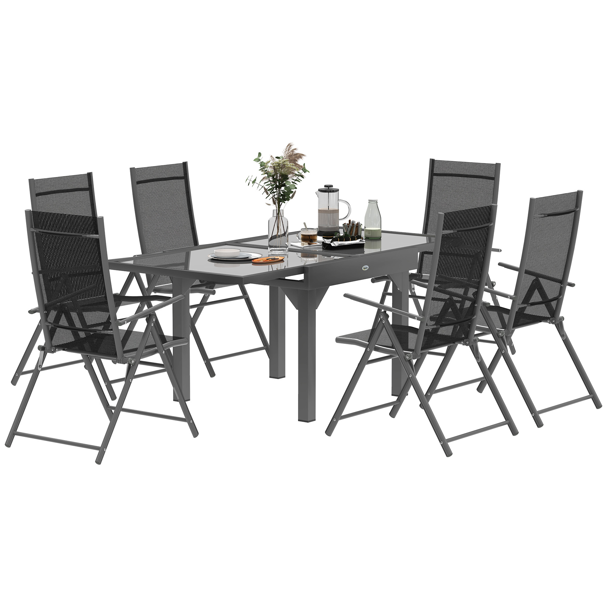 SUNVISTA 7 Piece Outdoor Dining Set with Extendable Table and 6 Folding Chairs for Patio, Balcony, Deck, Grey - Life Essentials