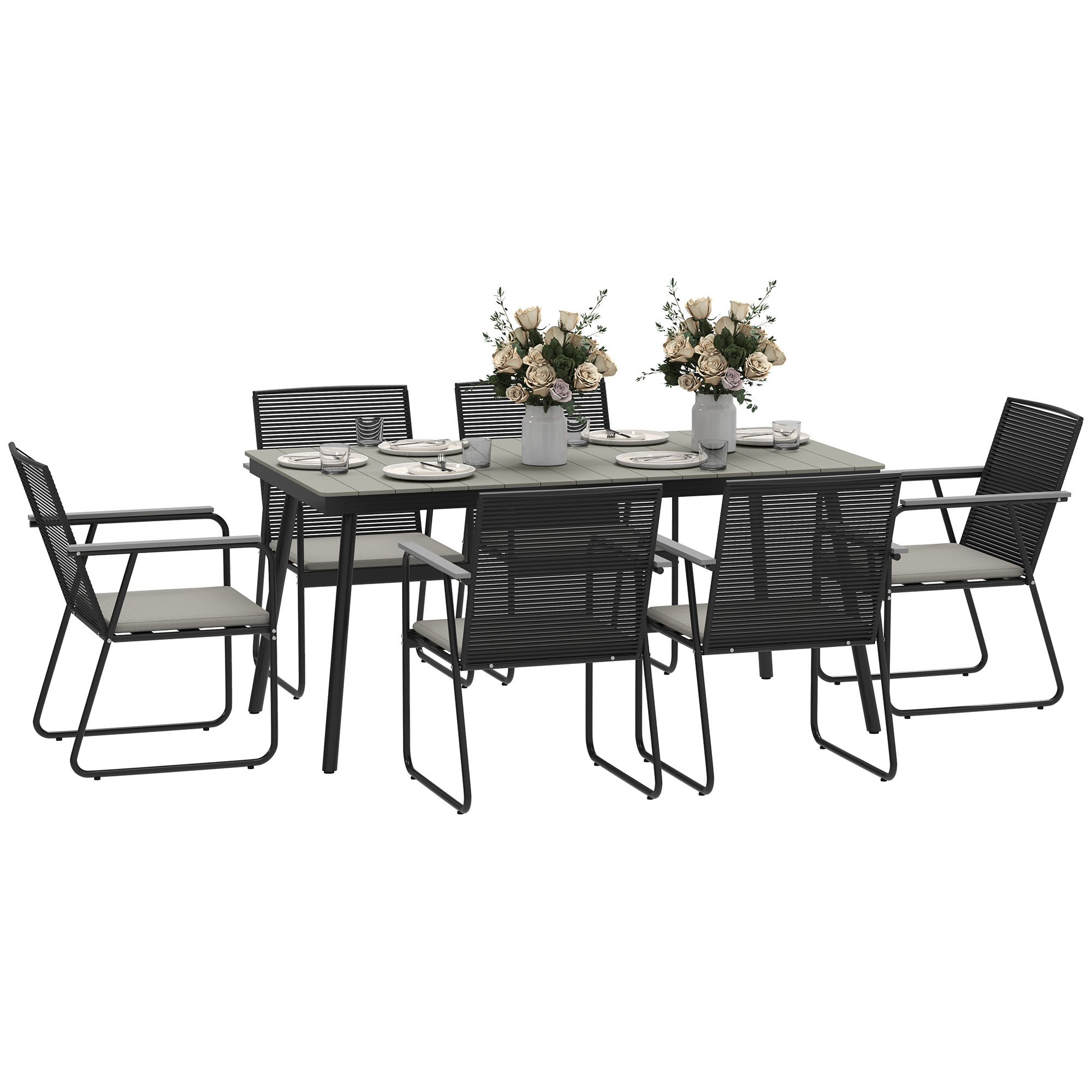 SUNVISTA 6-Seater Garden Dining Set, Rattan Backrest with Cushions, Plastic Top Table, Outdoor Patio Furniture, Grey - Life Essentials