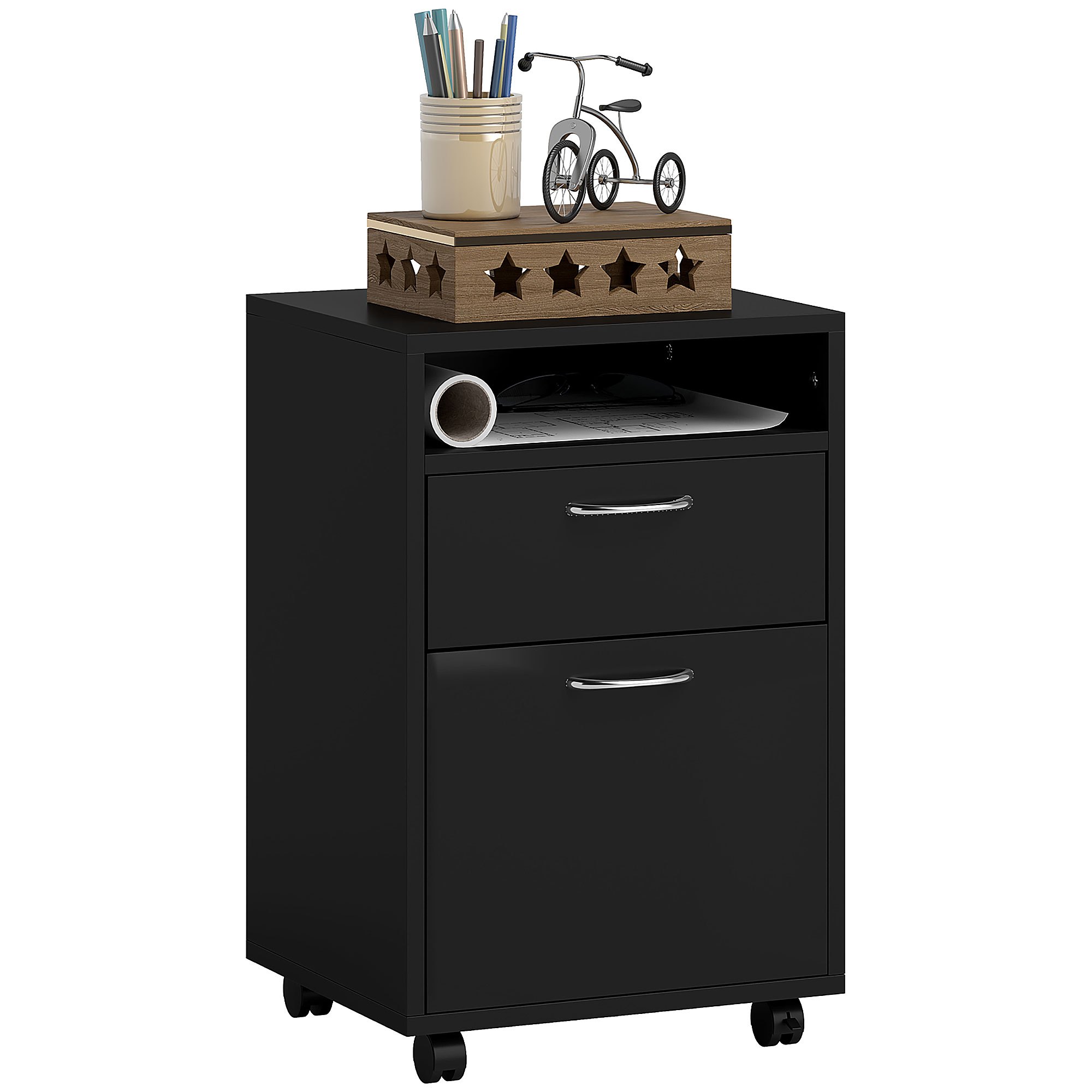 60cm Storage Cabinet w/ Drawer Open Shelf Metal Handles 4 Wheels Office Home Organiser Mobile Printer Black - Life Essentials