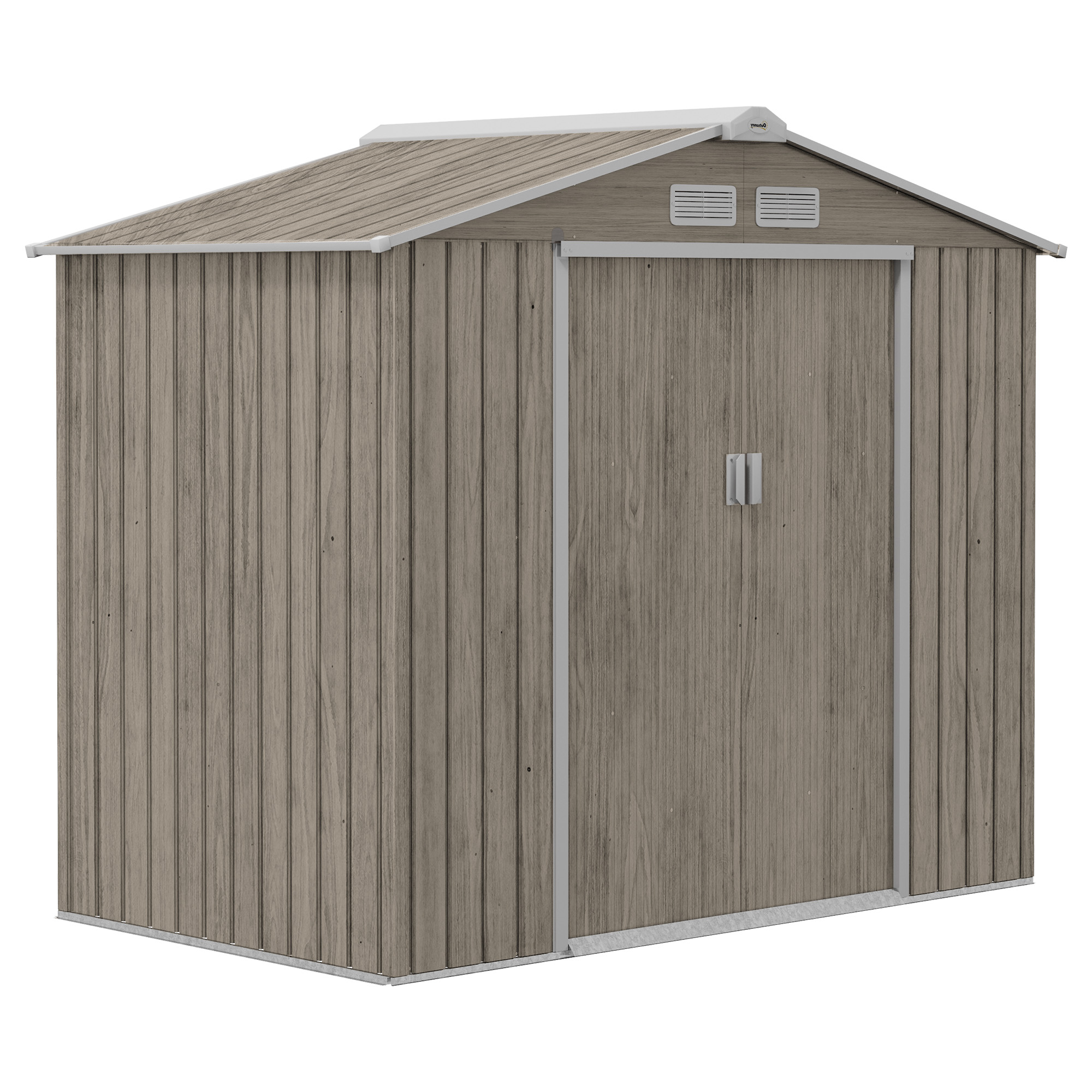 Metal Double Doors Garden Storage Shed 7 x 4ft with Vents, Floor Foundation and Lockable Door - Light Brown - Life Essentials