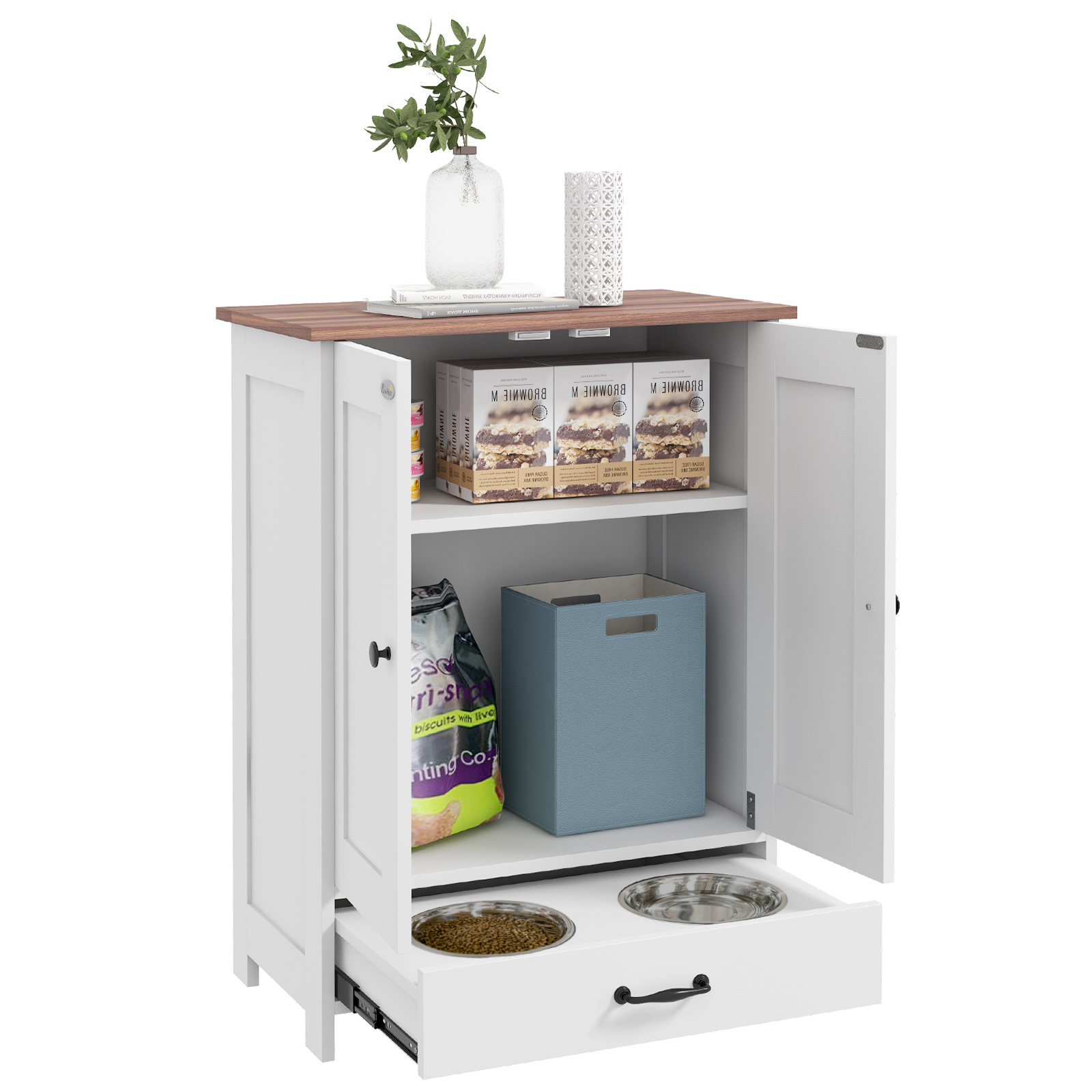 PAWSTER Pet Feeding Station with Raised Dog Bowls, Adjustable Panel, Hooks, Dog Food Storage Cabinet, White - Life Essentials