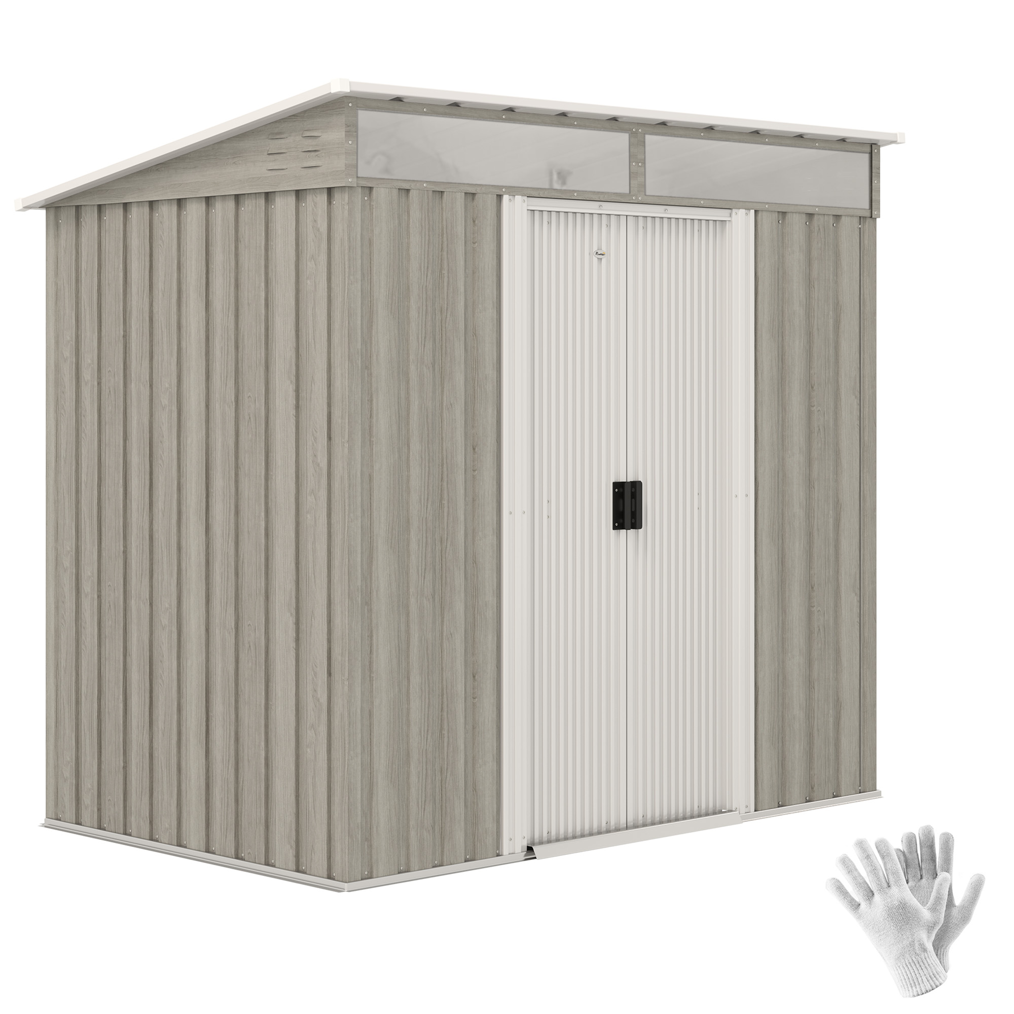 SUNVISTA 6.5 x 4FT Galvanised Metal Shed with Foundation Kit, Lockable Tool Garden Shed with Double Sliding Doors, Vents, Light Grey Wood Effect - 