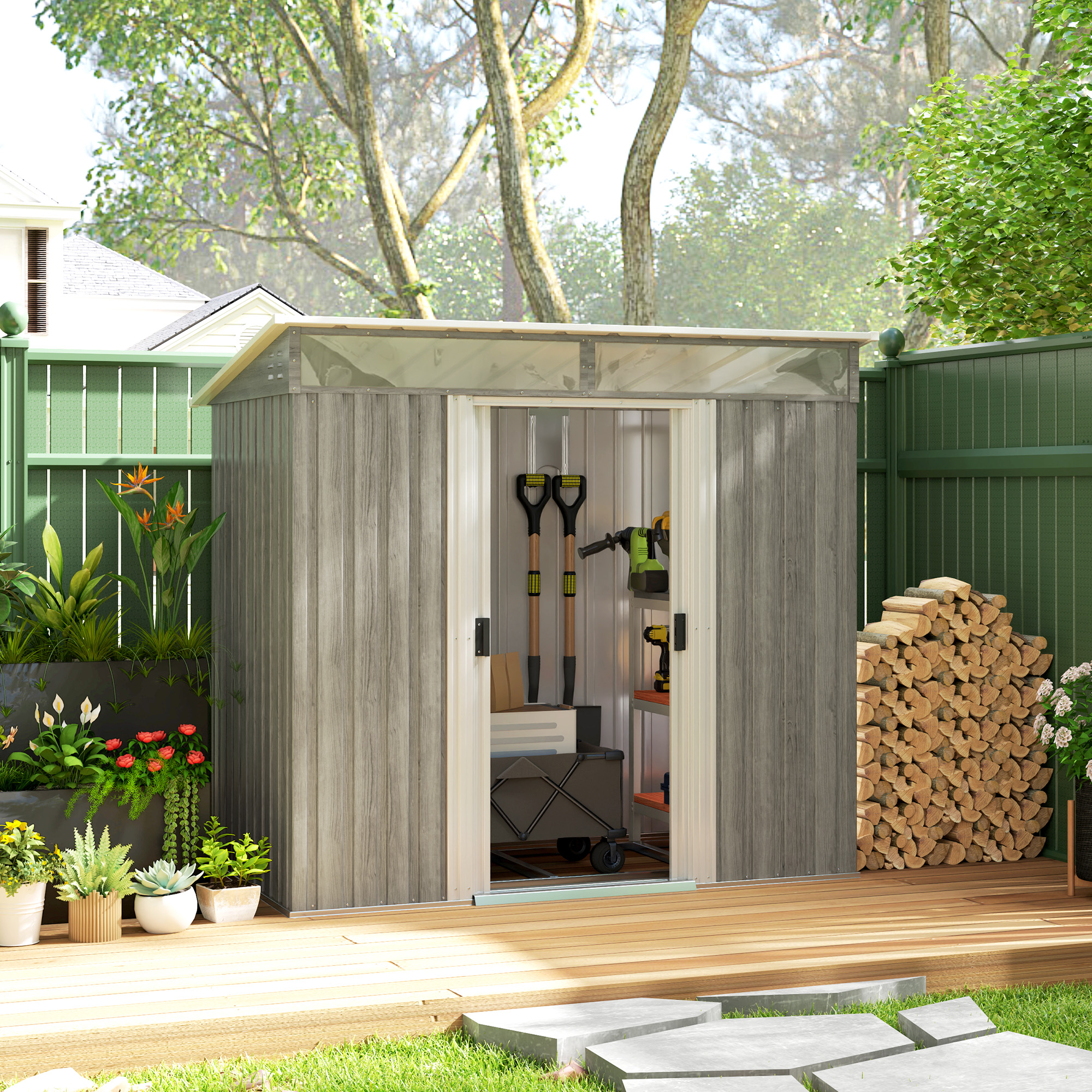 SUNVISTA 6.5 x 4FT Galvanised Metal Shed with Foundation Kit, Lockable Tool Garden Shed with Double Sliding Doors, Vents, Light Grey Wood Effect - 