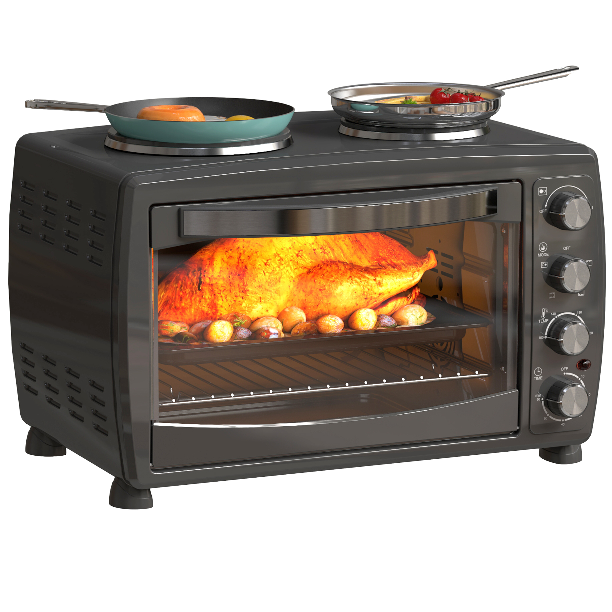 HERON 36L Small Oven with 2 Hot Plates, Countertop Toaster Oven, Grill, Roast, Bake, Boil, with Timer, Black - Life Essentials