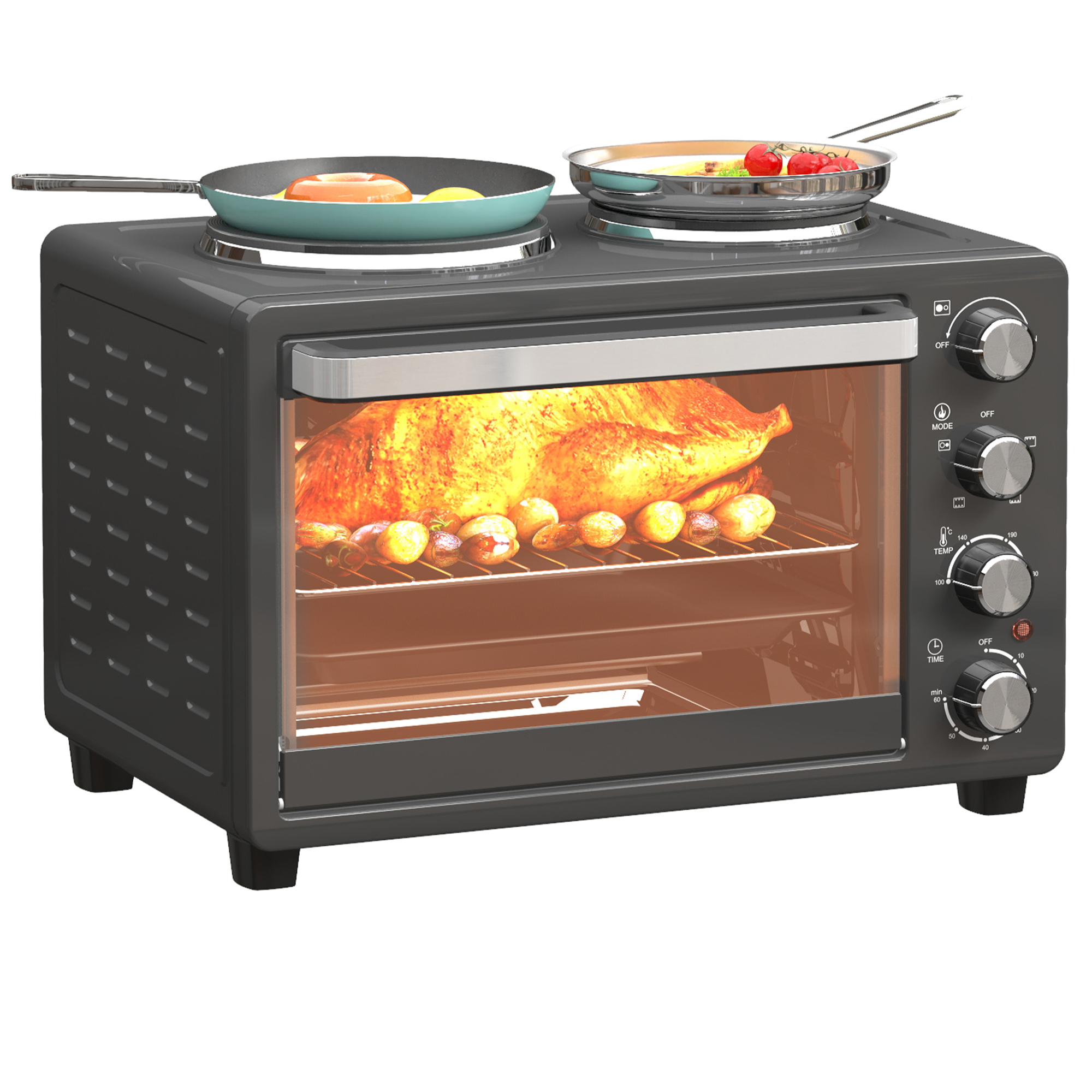 HERON 28L Mini Oven with 2 Hot Plates, Countertop Toaster Oven, Grill, Roast, Bake, Boil, with Timer, Black - Life Essentials