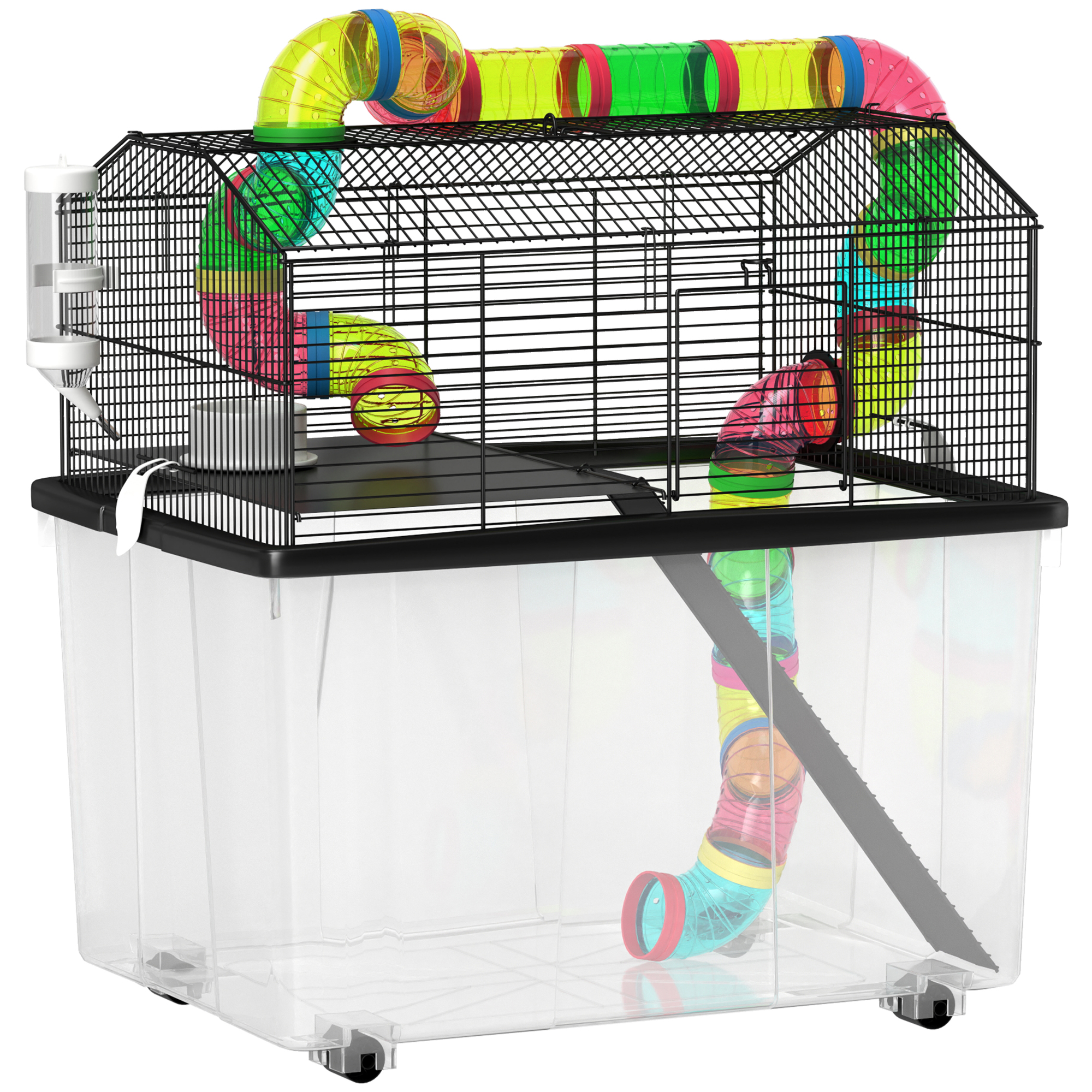 PAWSTER 2 Tier Hamster Cage with 31cm Deep Tray, Tube System, Water Bottle, Ramp, Feeding Bowl, 58 x 43 x 57cm, Multicolour - Life Essentials